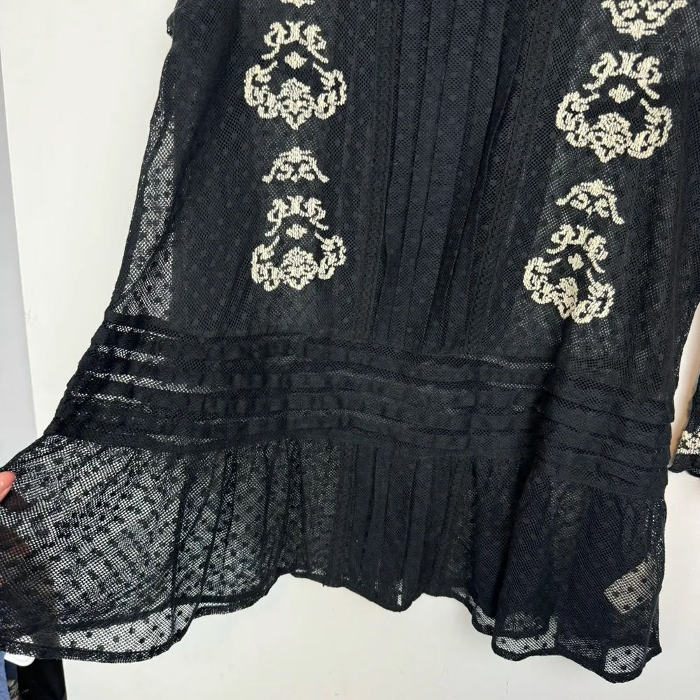 Free People Black Lace Mesh Tunic Top Sz Small Dot Ruffle Floral - Image 6