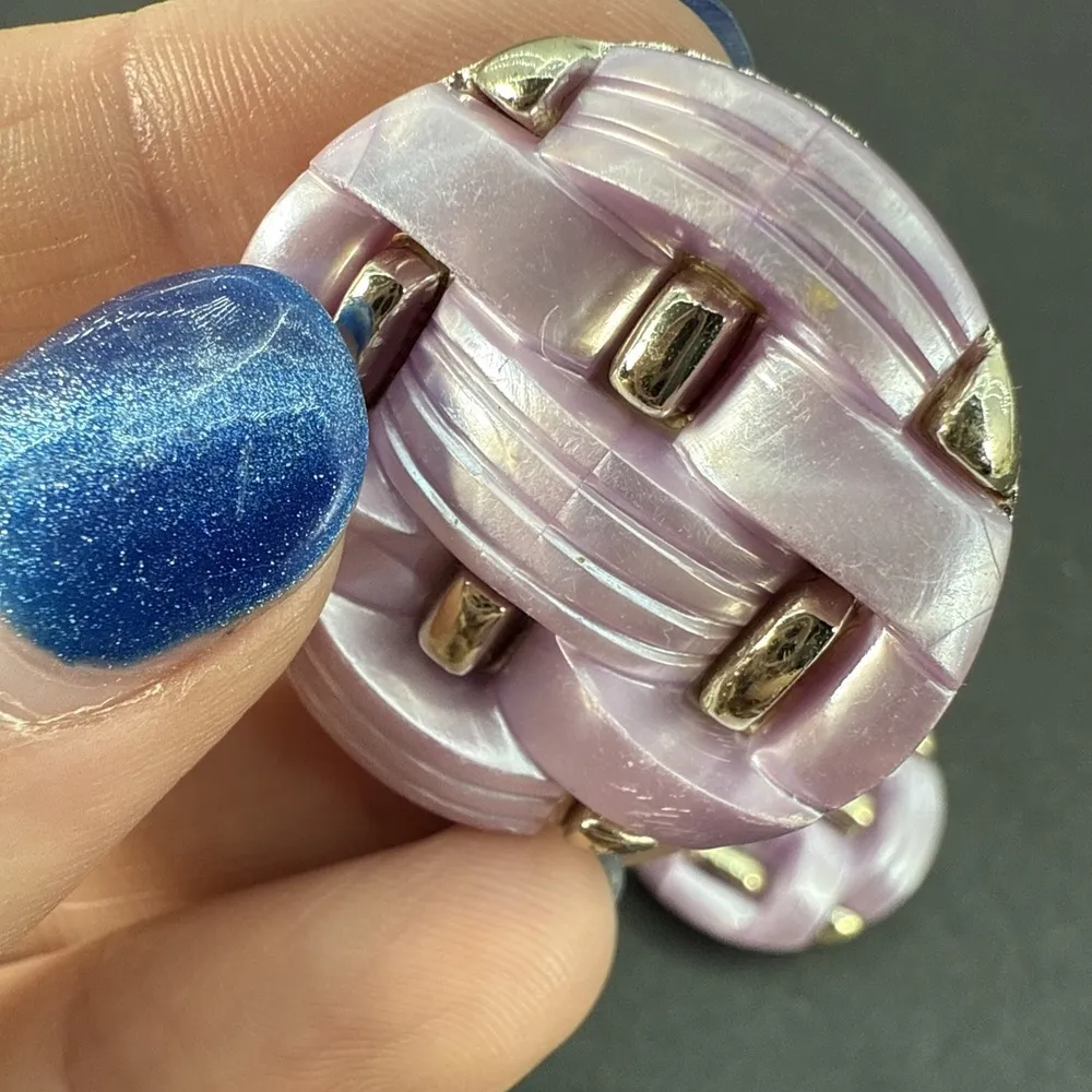 Vintage Pink Moonglow Thermostat Basket Weave Clip-on 1" Earrings - Image 2