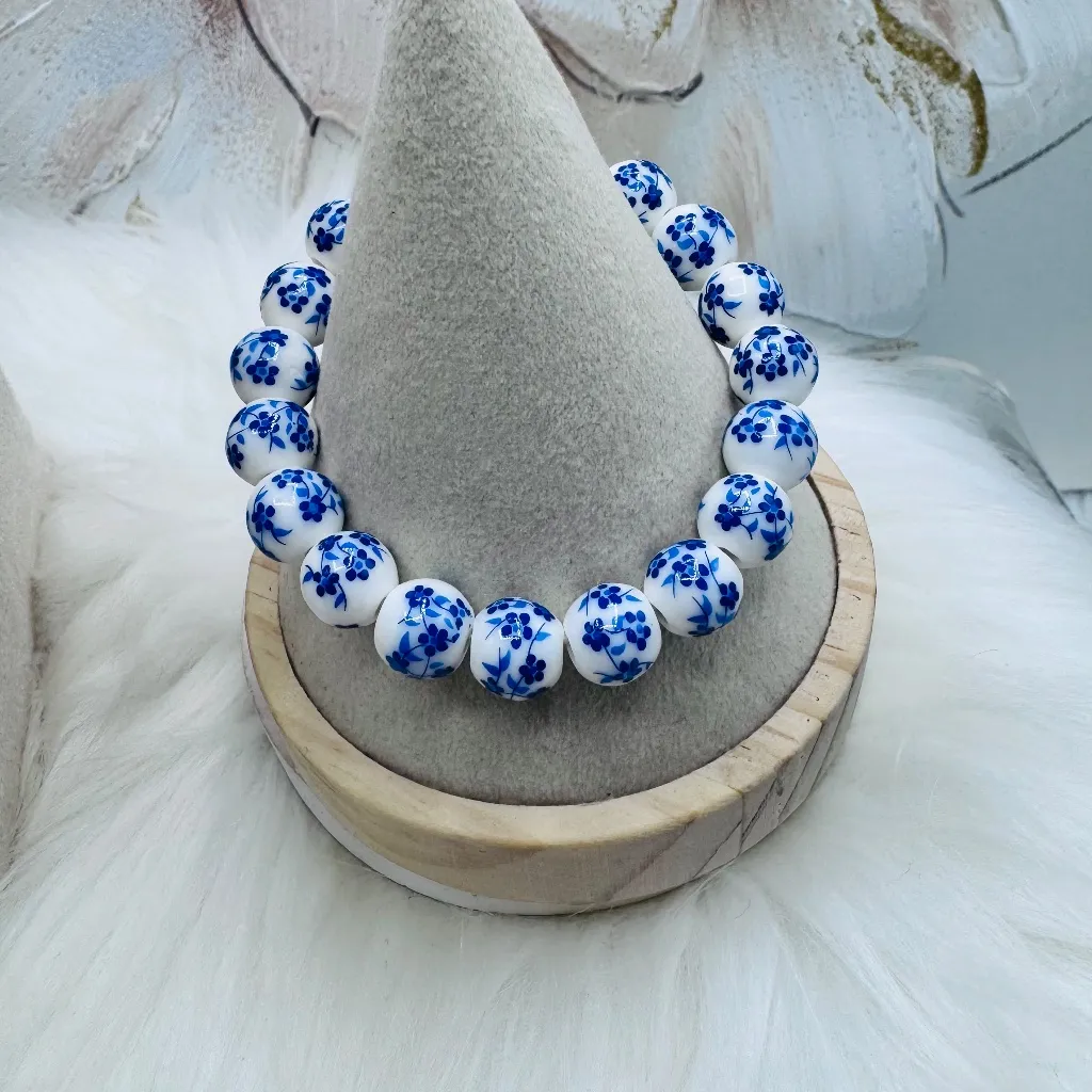 Necklace and Bracelet Blue floral design ceramic beaded set - Image 3
