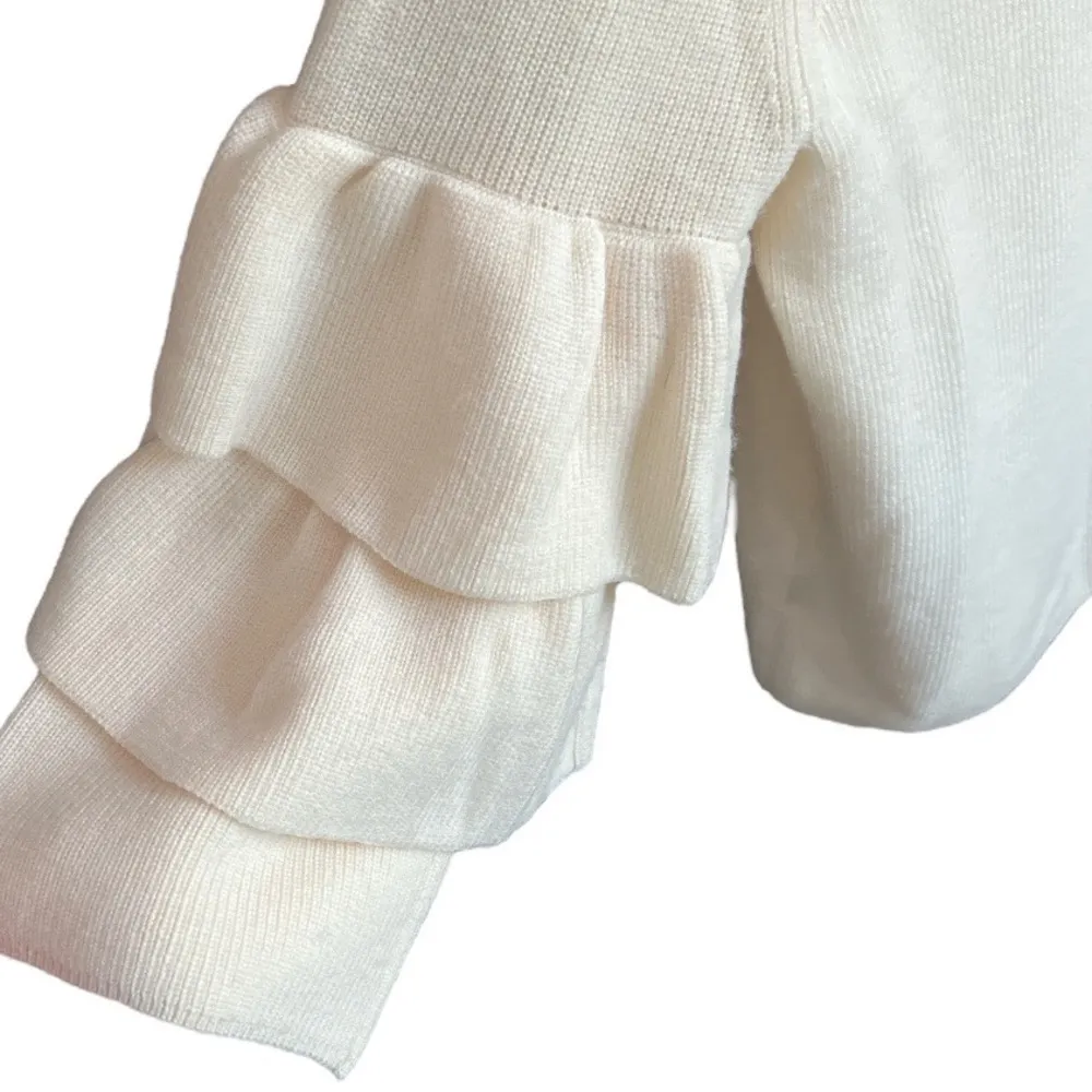 J. McLaughlin Tiered Ruffle Sleeve Italian Merino Wool Sweater | Cream | Large - Image 4