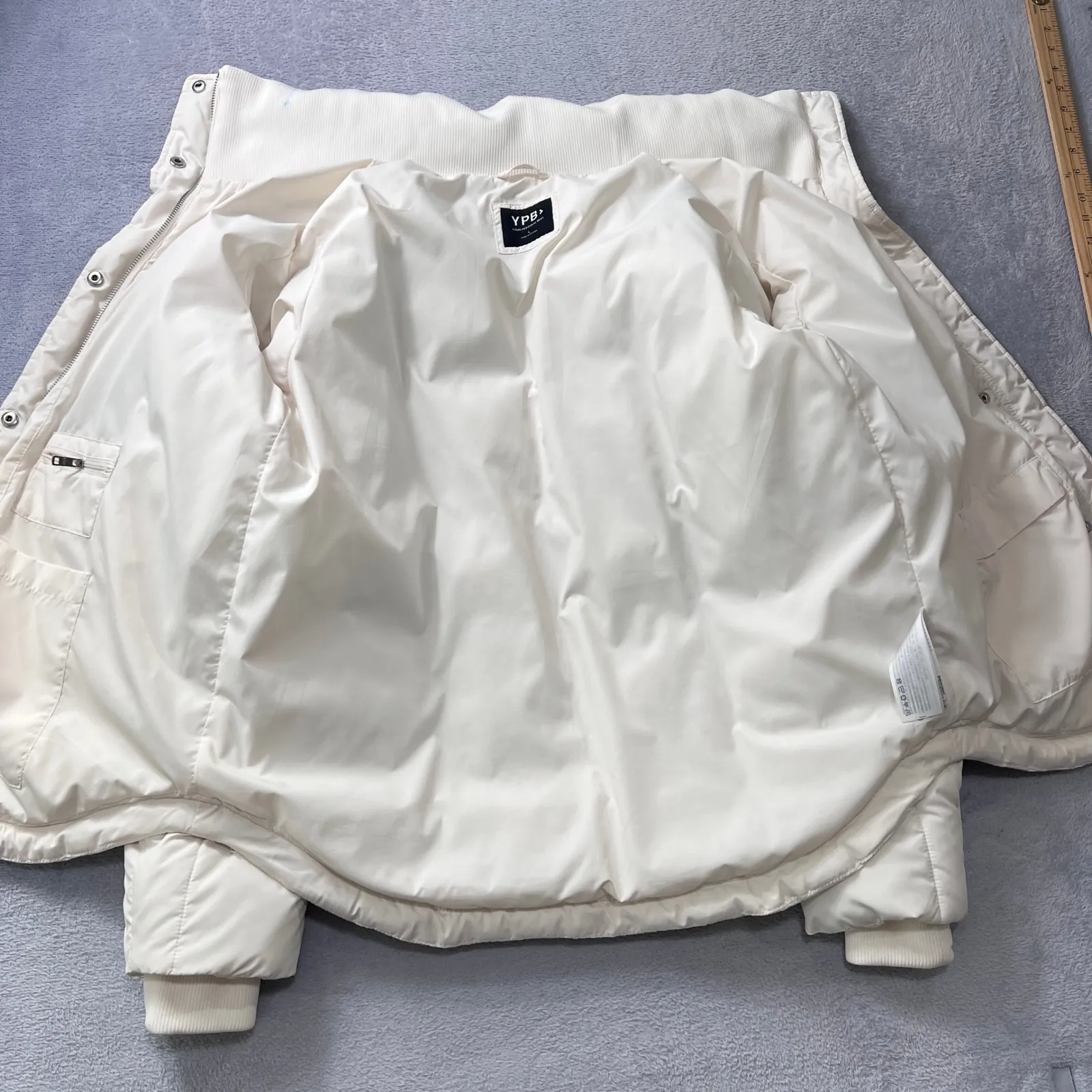 YPB Cream Puffer Jacket Women's Large Winter Quilted Coat Warm Zip Snap Neutral White - Image 6