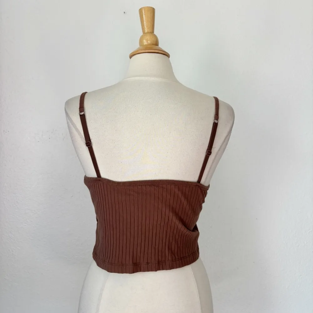 Solid Brown Textured Sleeveless Crop Top - Image 4