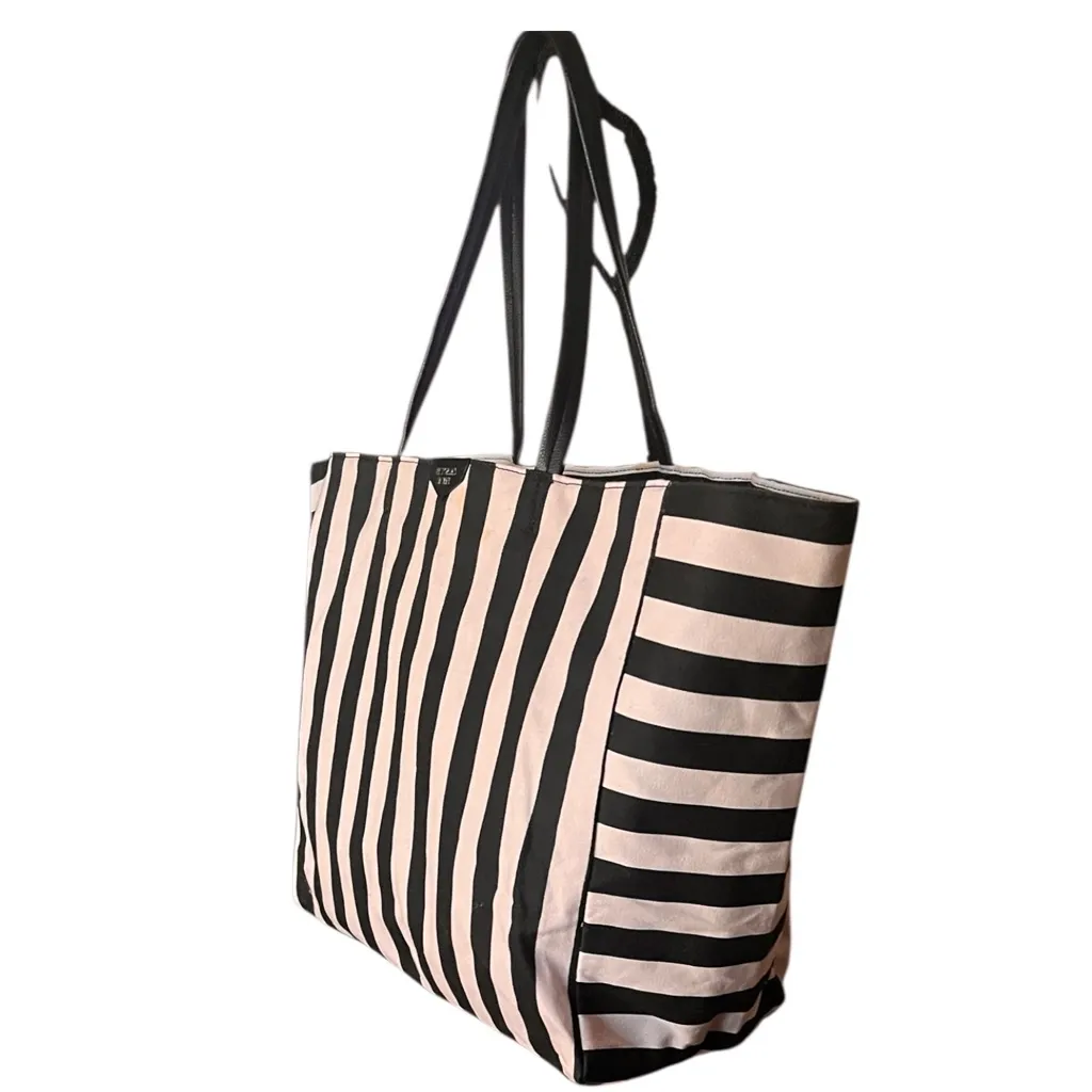Victoria’s Secret Black and Pink Striped Tote Bag with zipper pouch. - Image 2