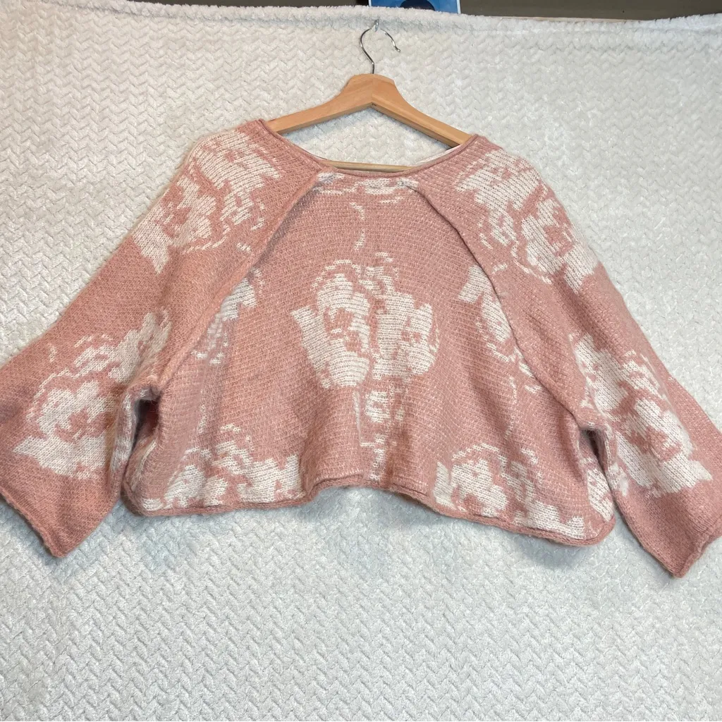 Free People Alpaca Wool Womens Pink Floral Cropped Boho Sweater Small Oversized - Image 8