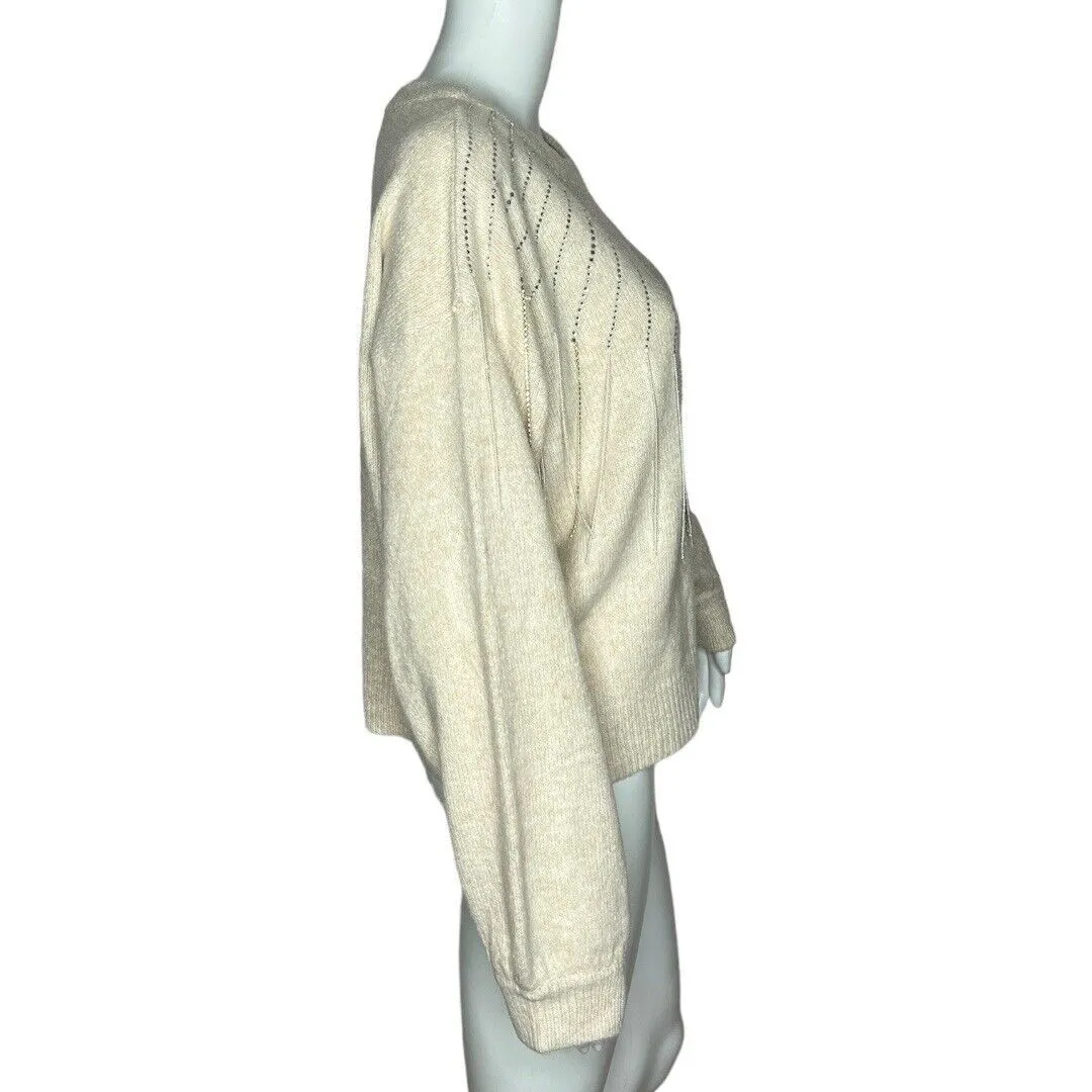 Lush Sweater Womens Medium Beige Stone Beaded Sunburst Western Cowgirl Boho Chic - Image 2