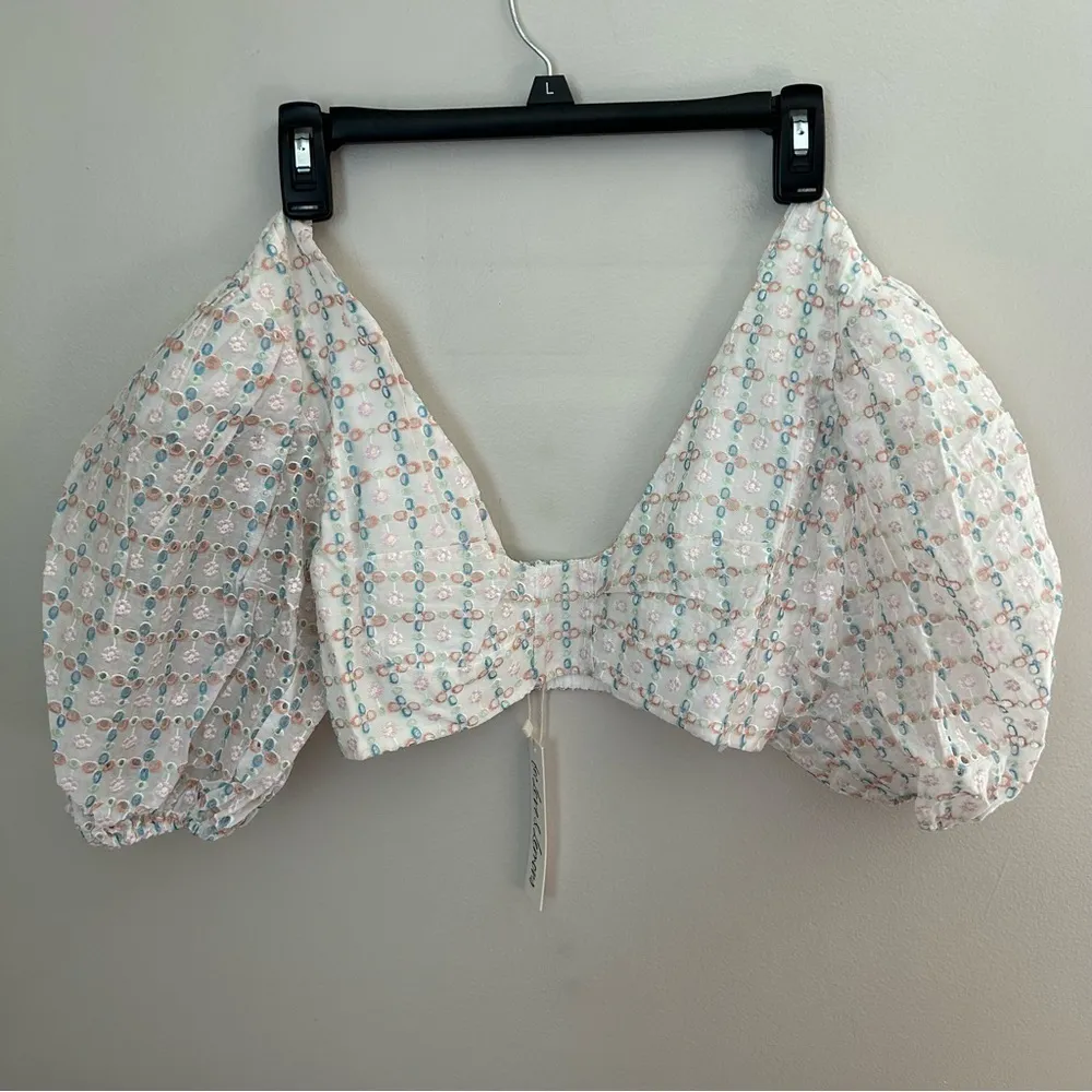 For Love & Lemons Crop Top Denise White Multicolor Eyelet Embroidery Puff Sleeve - Image 2