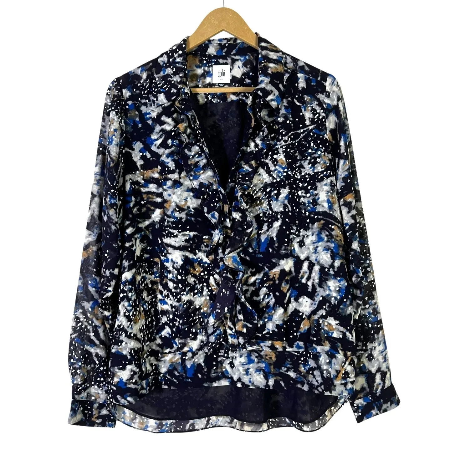 Cabi Ruffle Button Down Top Womens M Blue Multicolor Abstract Lightweight Lined - Image 2