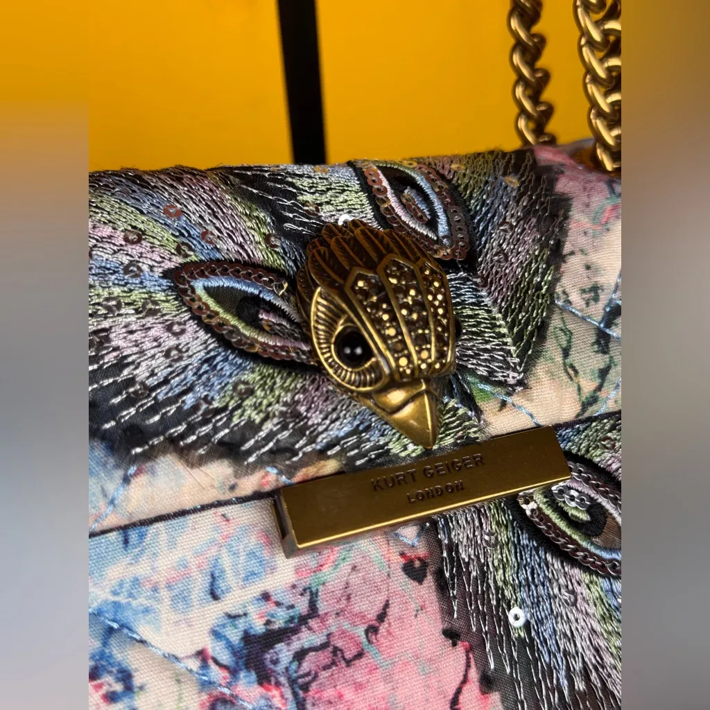 KURT GEIGER LONDONMini Fabric Kensington Bag Crossbody Peacock Bird Purse Gold - Image 5