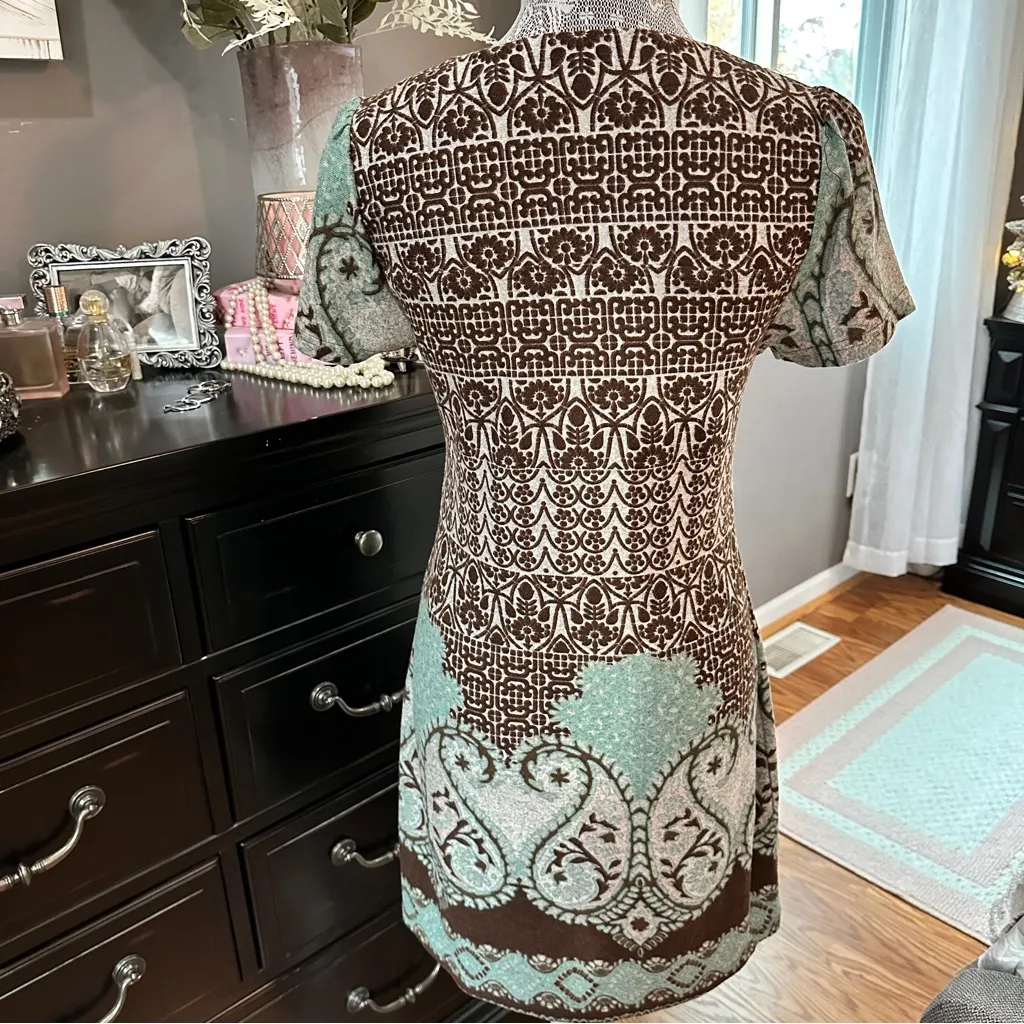 Papillon Boho Paisley Knit Brown Teal Floral Sweater Dress Eclectic Grandpa M Size M - Image 7