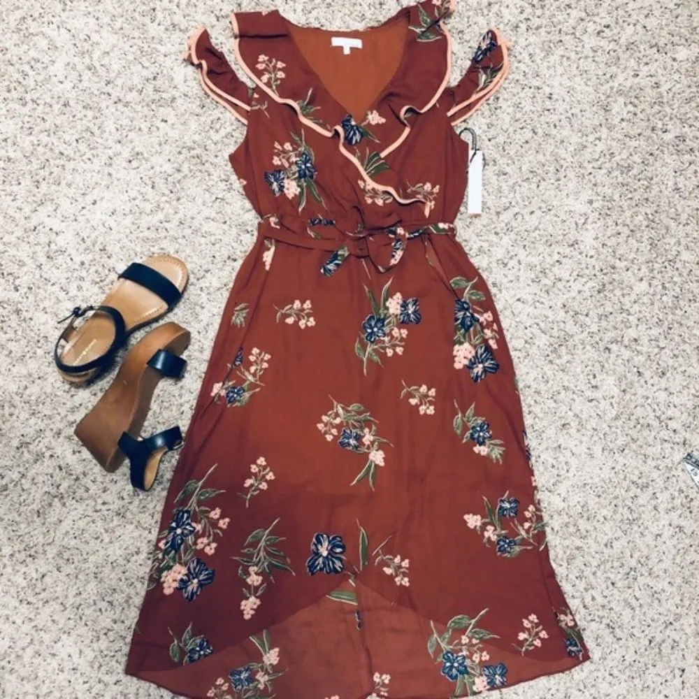 June & Hudson Dress Cold-Shoulder Wrap Bark Floral Maroon Brown Size M New w/Tag - Image 2