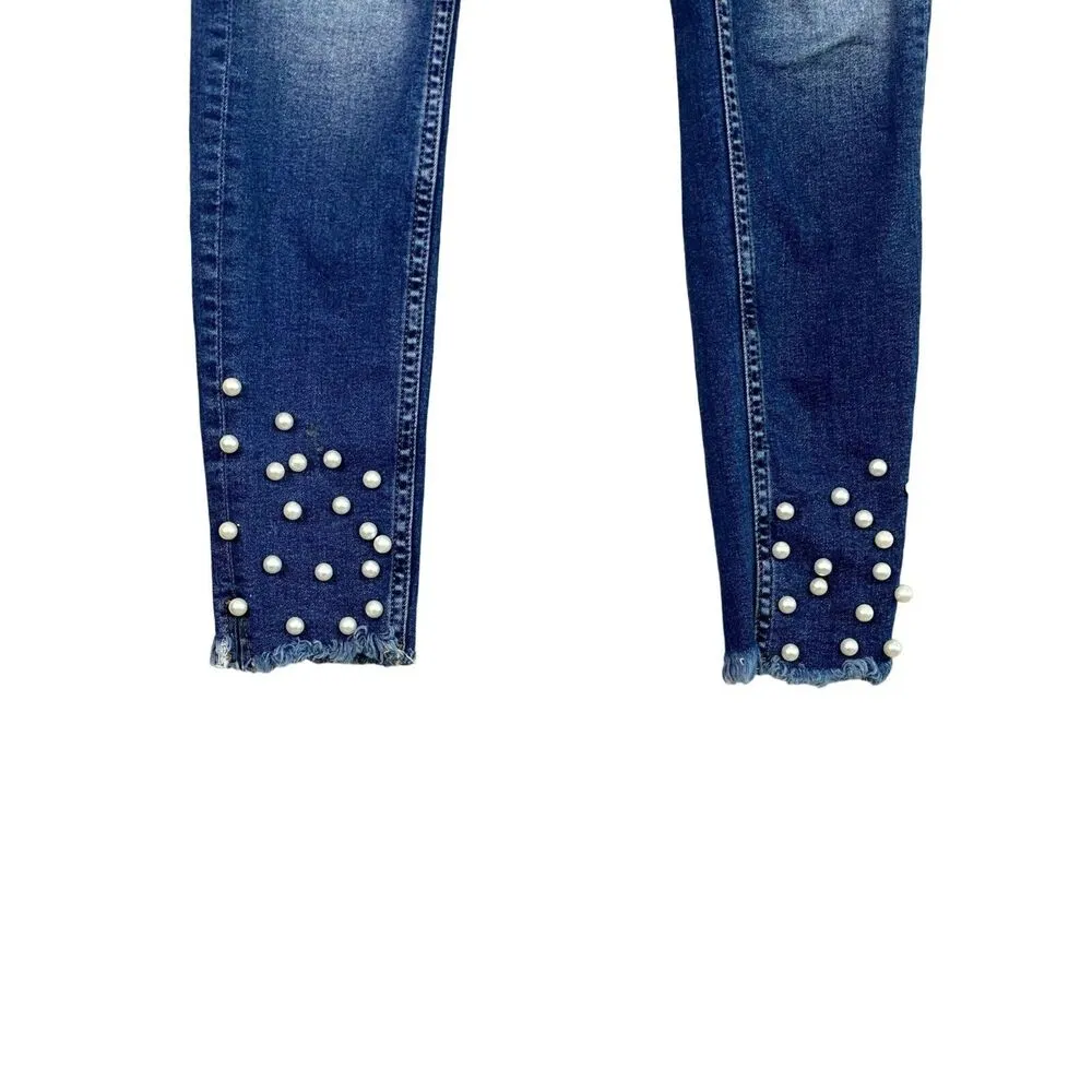 ZARA Mid Rise Raw Hem  Skinny Jeans Pearl Beaded Detail 5 Pockets 4 Dark Wash - Image 11