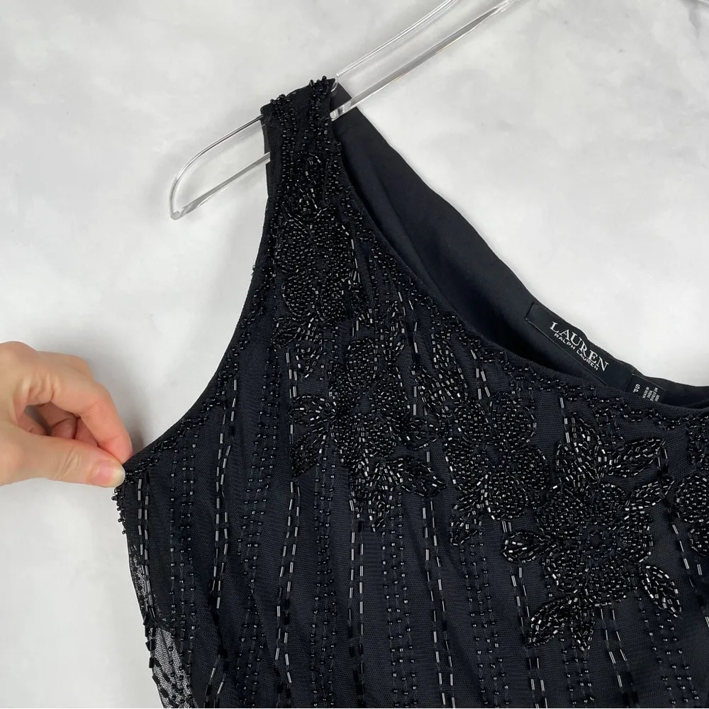 NWT Ralph Lauren Beaded Mesh One Shoulder Camisole Top Floral Glam Party Black S - Image 5