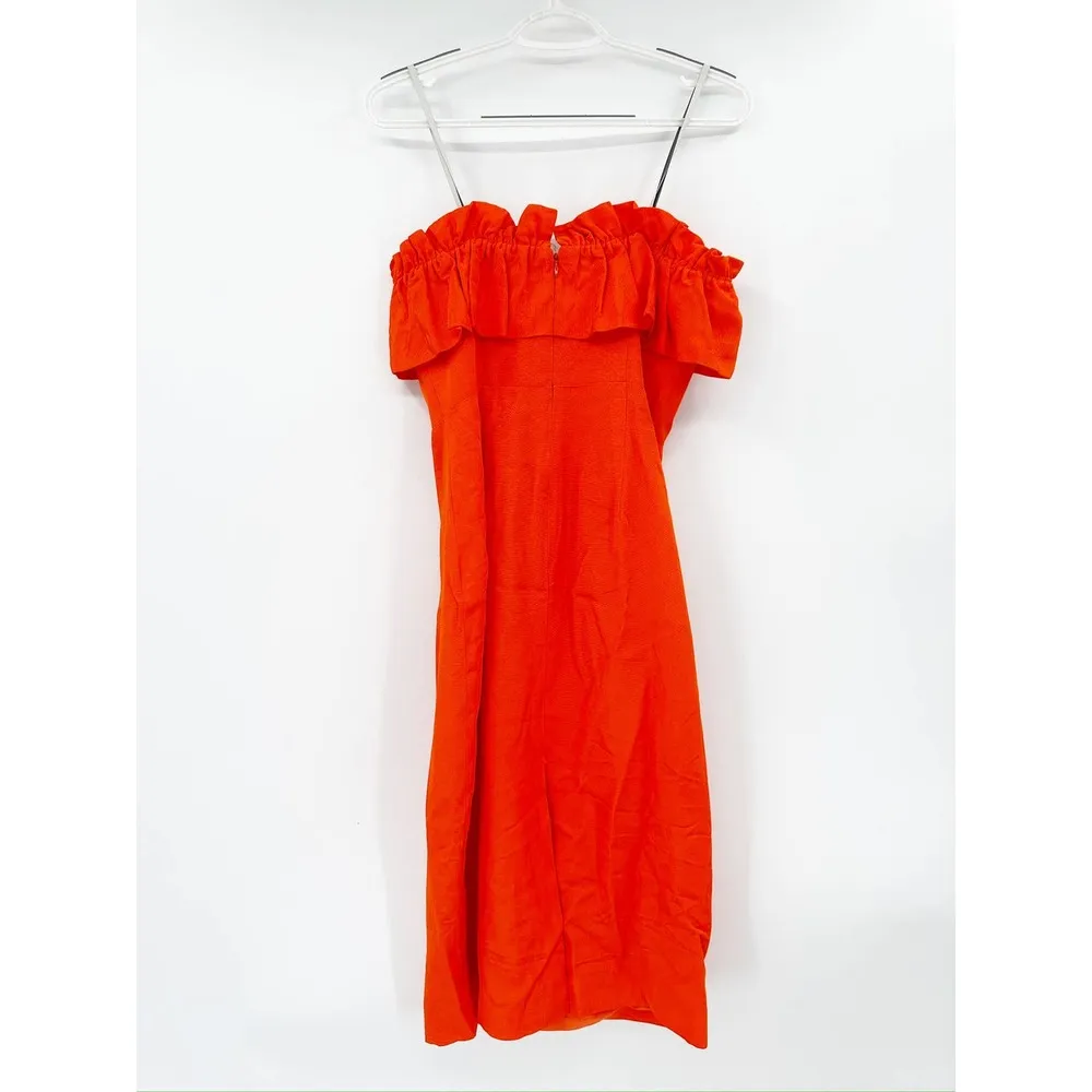 ML Monique Lhuillier Ruffled Faille Red Orange Strapless Midi Dress Size 6 - Image 6