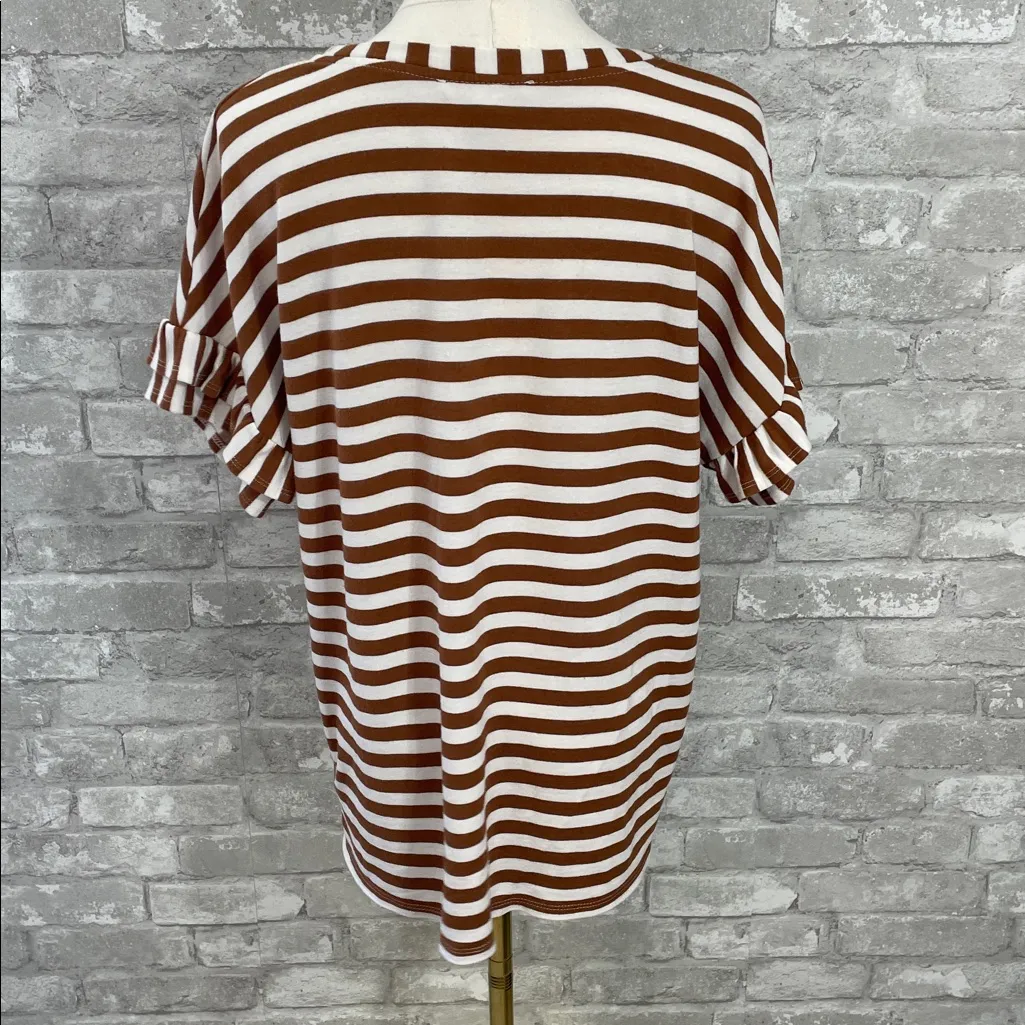 Jane and Delancey Brown and White Striped Short Sleeve Top - Image 3