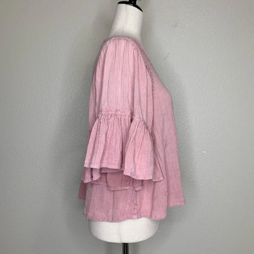 Rachel Zoe Boho Pink Embroidered Flared Sleeves Top - Image 7