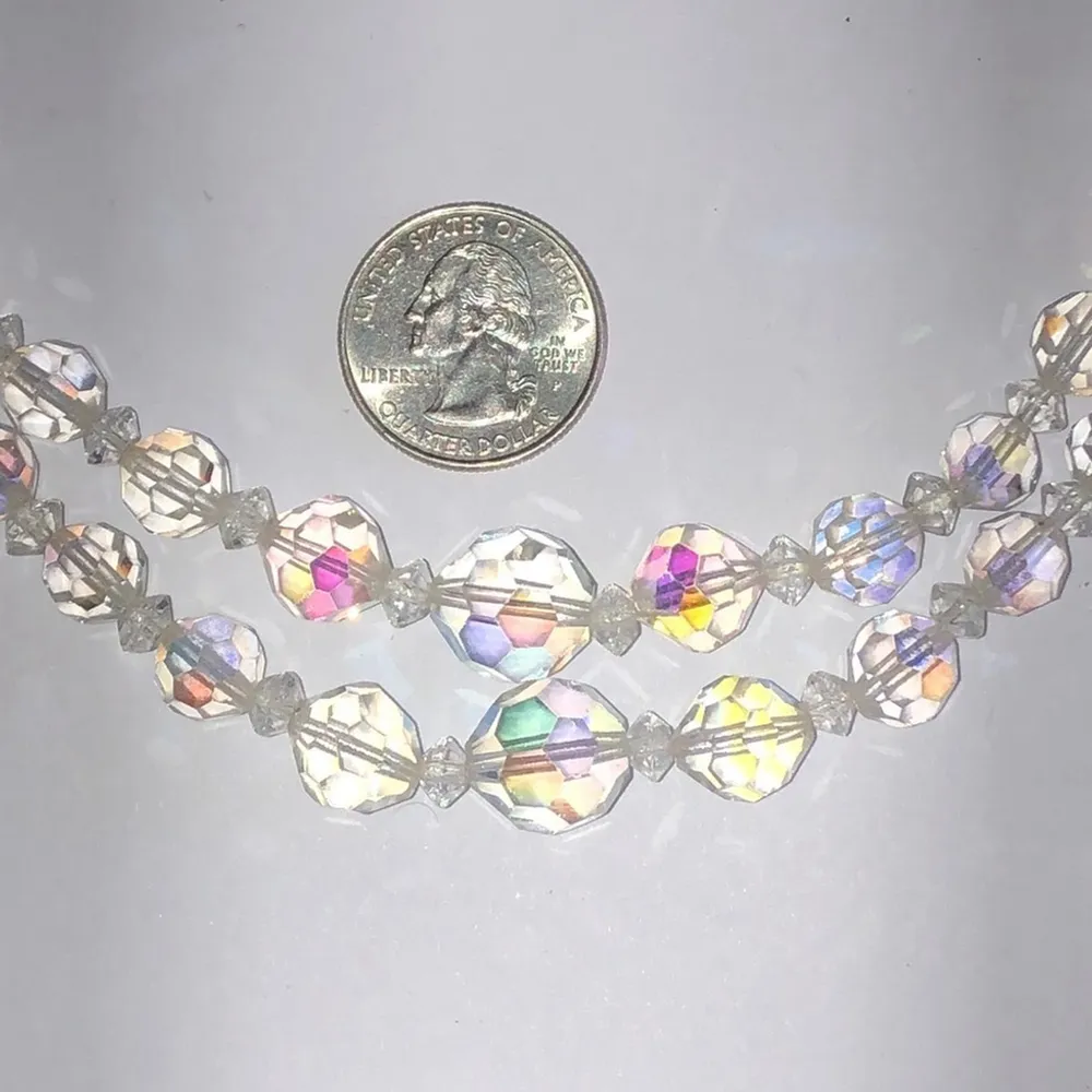 Vintage AB Rainbow Coated Crystal Beaded Boho Double Strand Necklace - Image 2