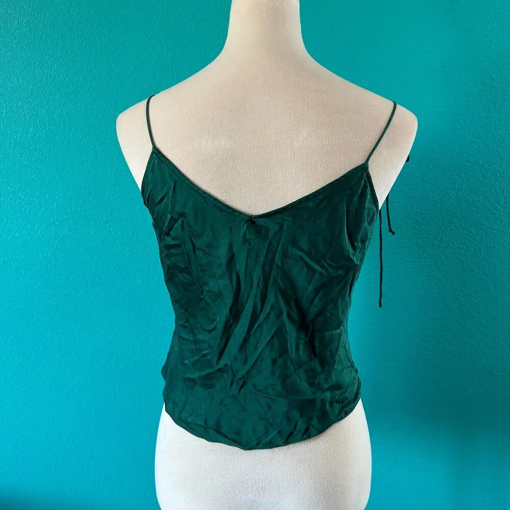 Reformation Forest Green Tie Straps Silk Cami Y2K V-Neck Shell Soft Size 8 - Image 2