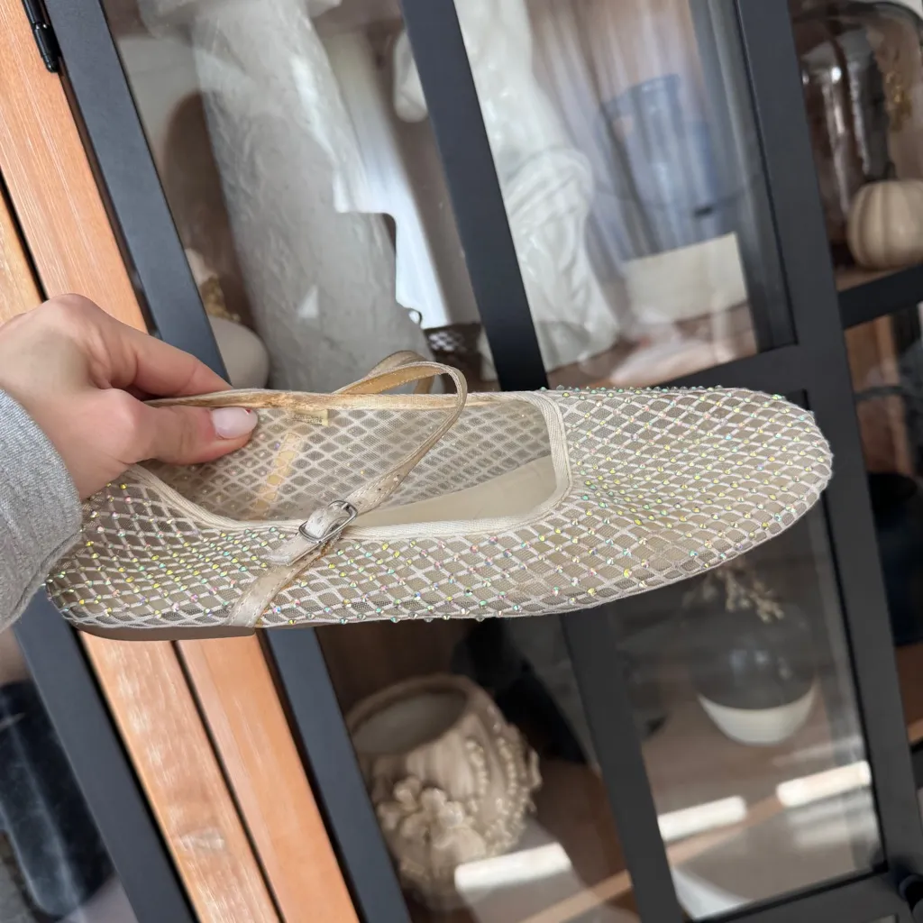 Zara ballet flats sandals mary jane round toe mesh rhinestone neutral beige - Image 6