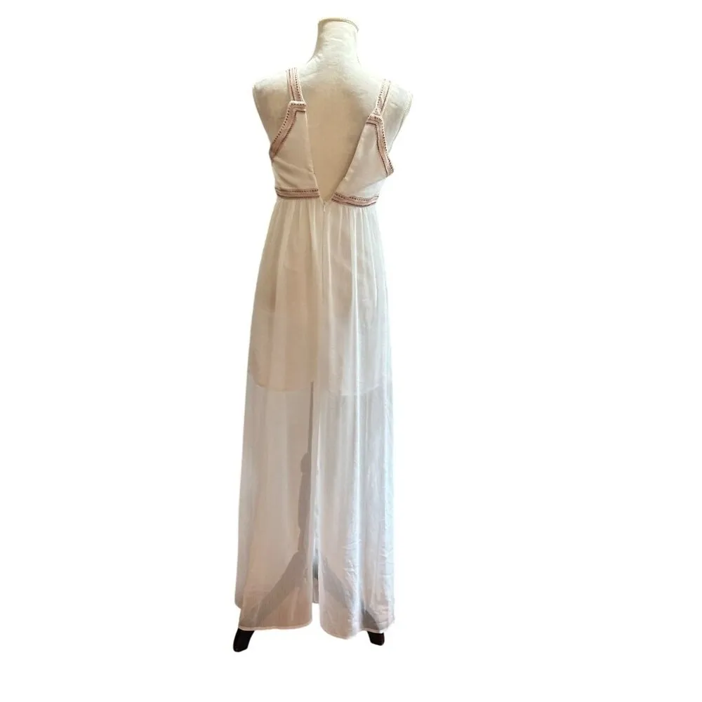 BCBGGeneration White Sheer Maxi Dress With Embroidered Trim Peasant Dress Size 0 Red - Image 6
