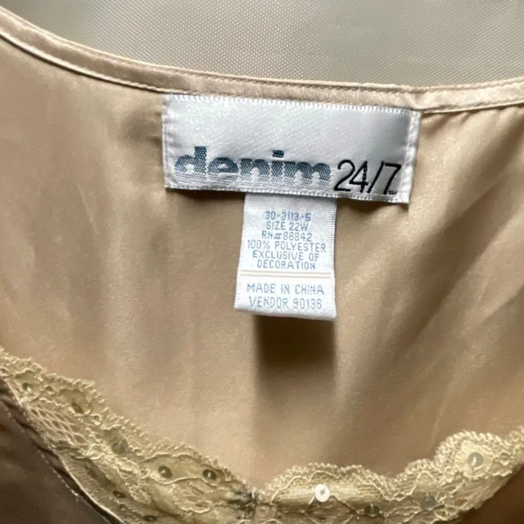 Denim24/7 size 22W satin camisole lace sequin trim. Tan - Image 3