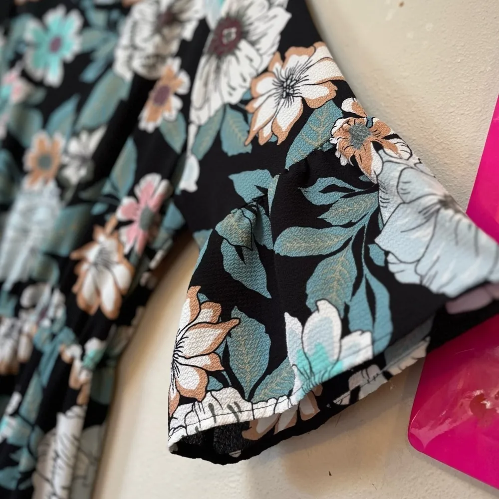 Floral Maxi Dress Boho Stretch Waist Flutter Sleeve Flamingo Urban Black - Image 7