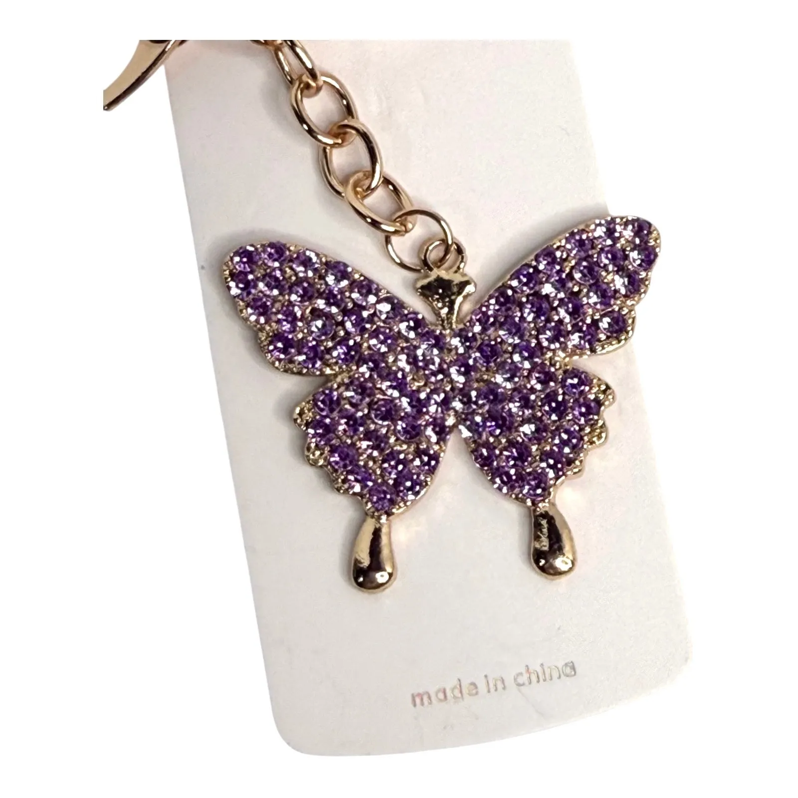 Mint Rhinestone Butterfly Bag Charm Purple Crystal Key Chain Ring Backpack Purse - Image 3