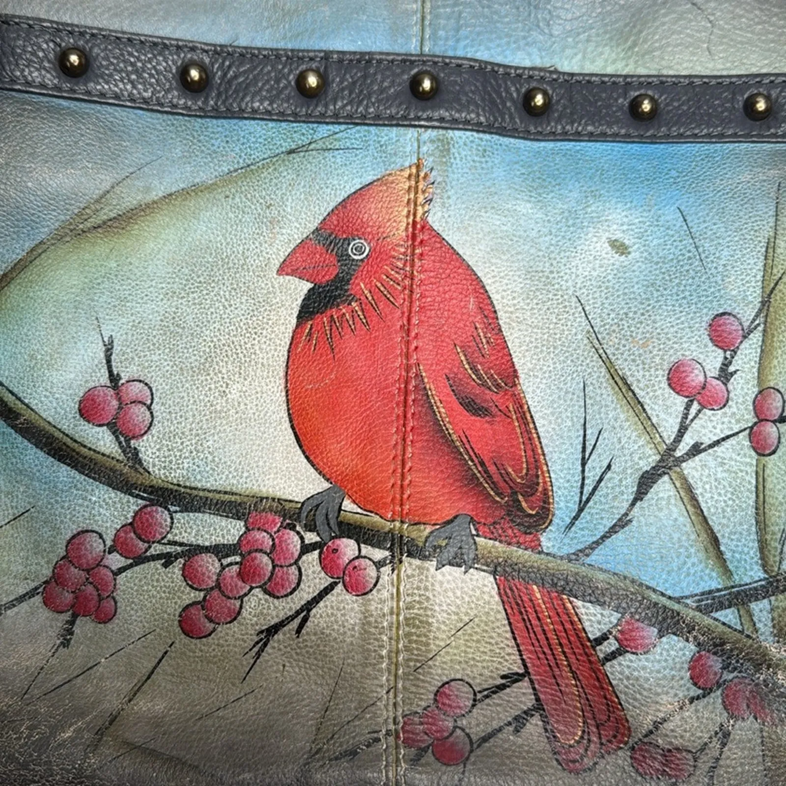 ANUSCHKA Medium Crossbody Cardinal Bird Double Zip Pocket Painted Signed Artwork - Image 5