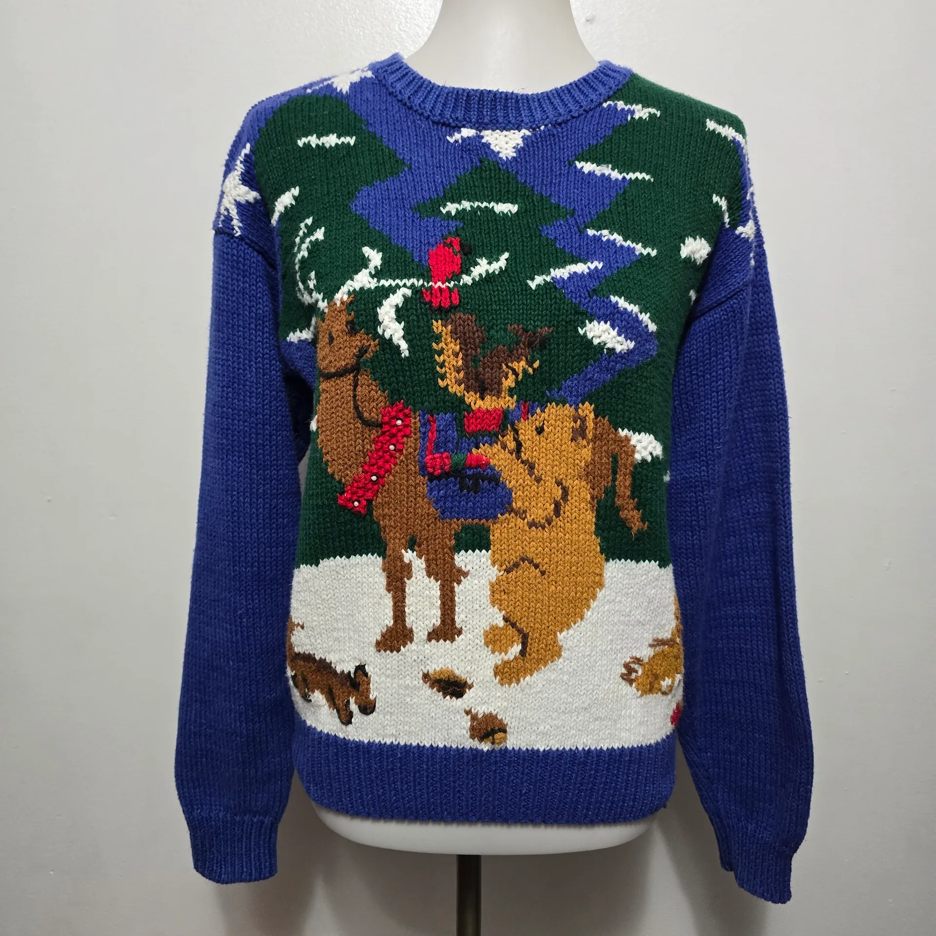 Vintage Adolfo 90s Blue Kitschy Holiday Wintery Scene Sweater Small Cottagecore - Image 2