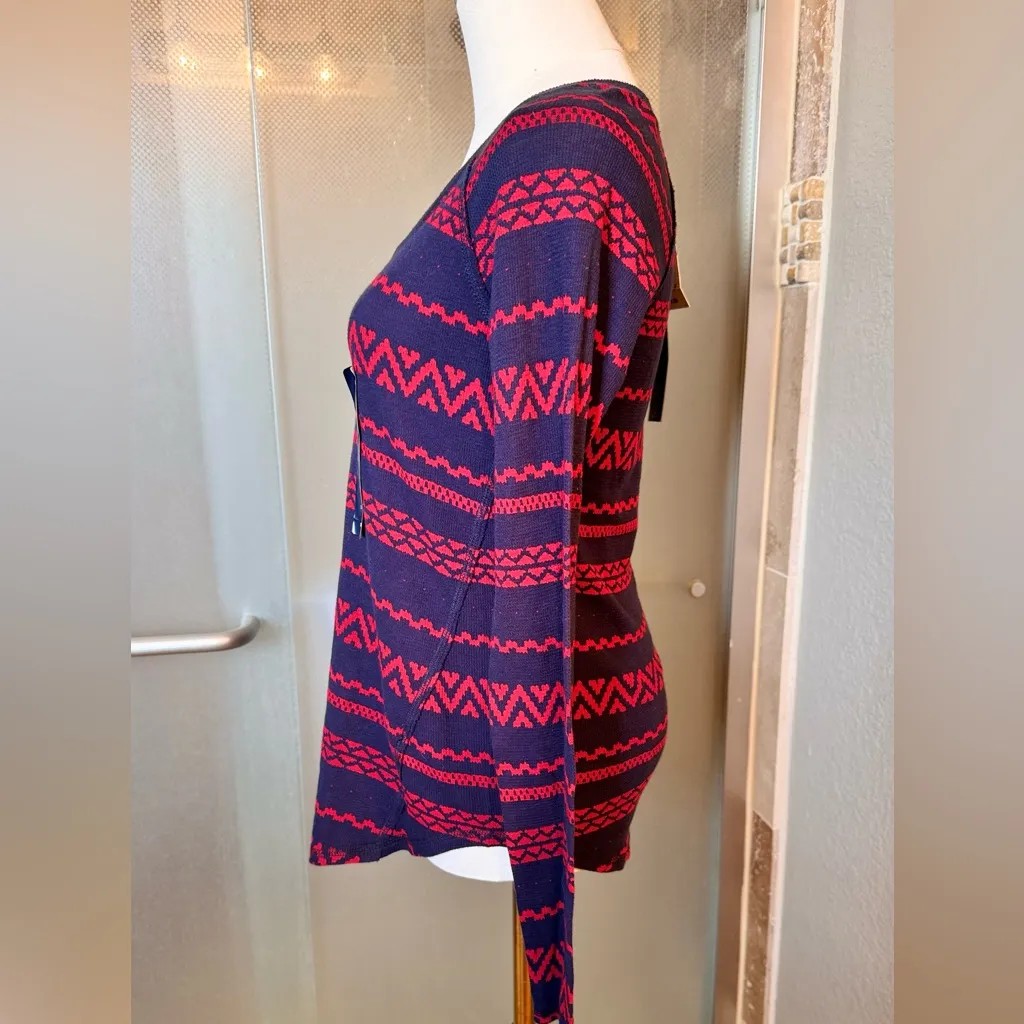 LUCKY BRAND Woven Navy & Red Fair Isle Knit Top Lightweight Thermal Tee - Image 12
