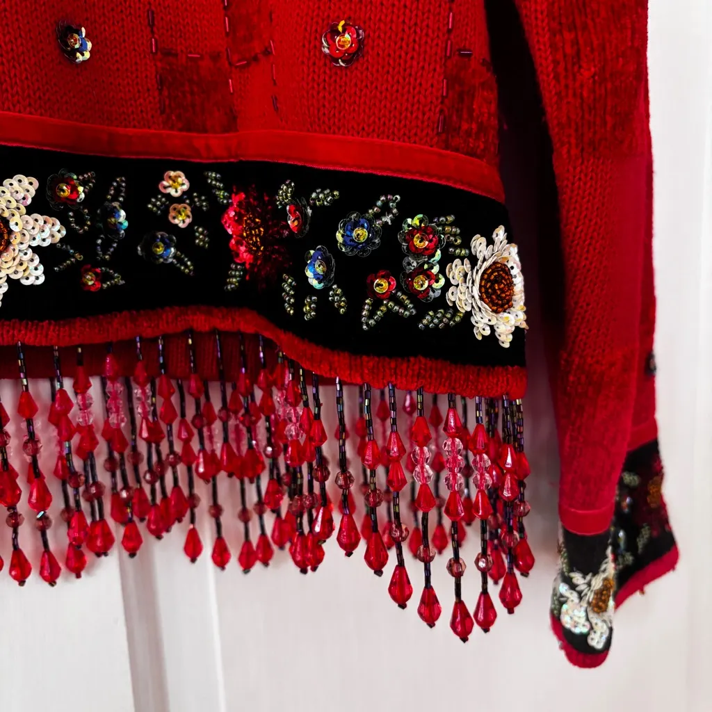 Berek Vintage Floral‎ Beaded Red Cardigan Beaded Fringe Size XL Checkered Sequin - Image 5