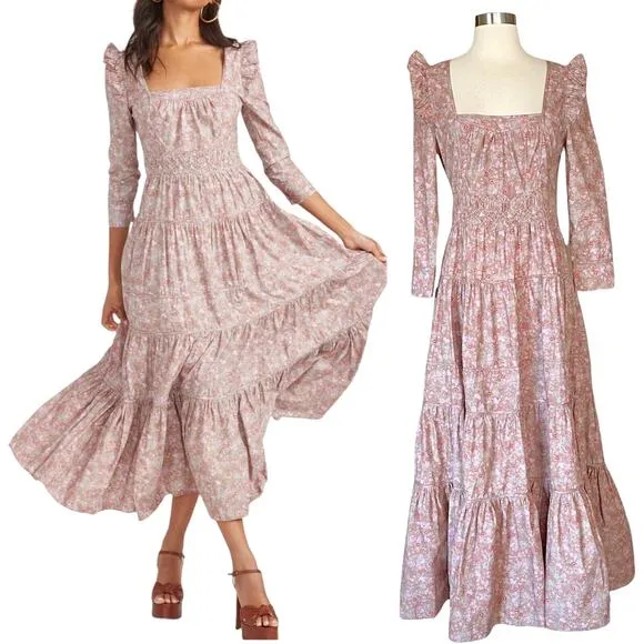 LOVESHACKFANCY Lyna Maxi Dress Tan Garden Cotton Ruffle Floral Pink S 4-6 Sample - Image 2