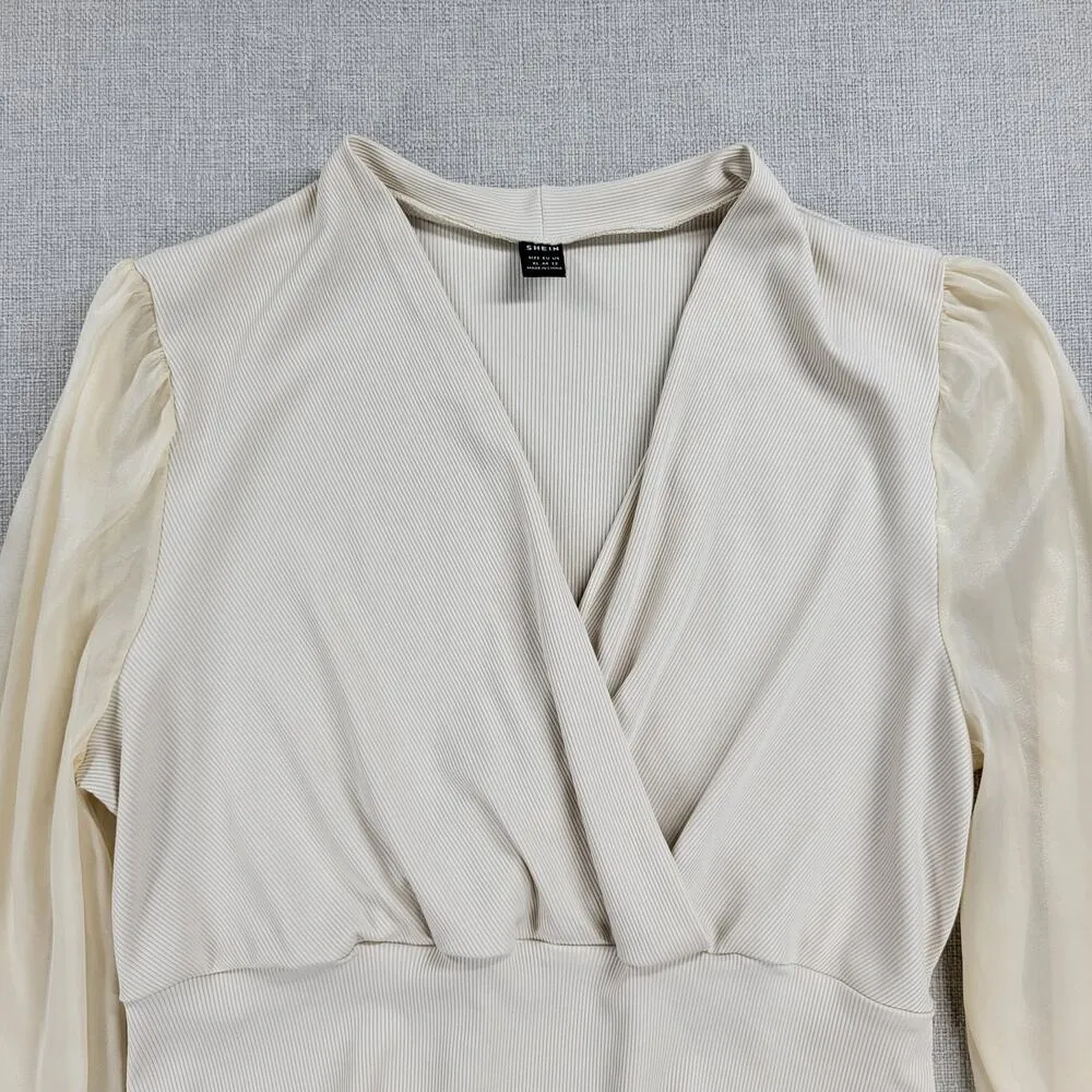 SHEIN Womens Bodysuit XL Cream Mesh Contrast Textured Ribbed Puff Sleeve - Image 8