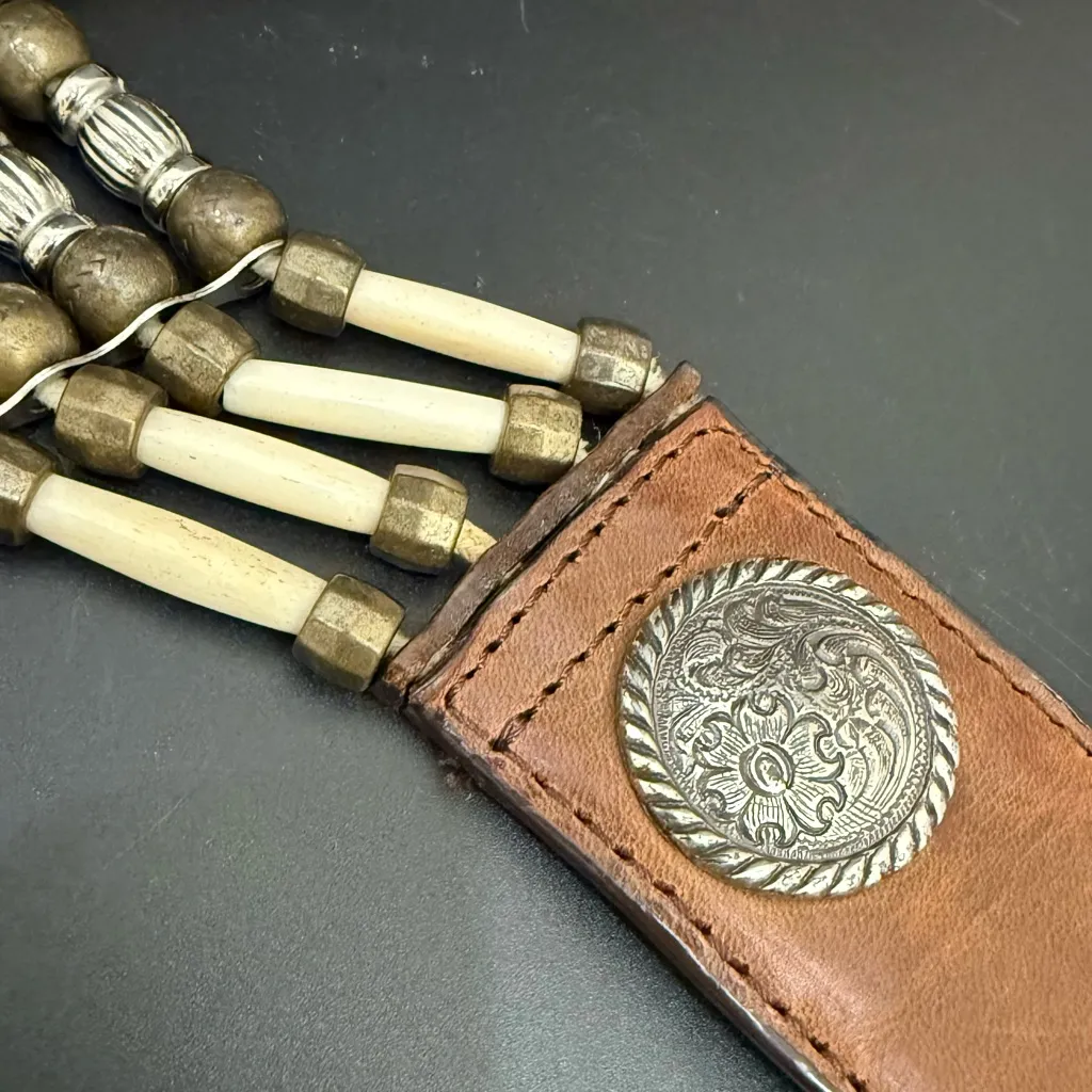 NOCONA Genuine Leather Beaded Bone & Conch Western Bohemian Belt NO BUCKLE Brown - Image 3