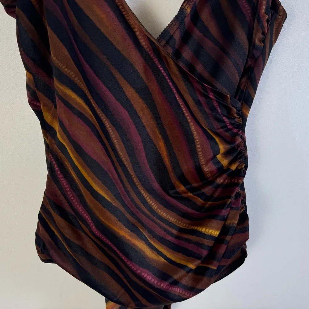 Miraclesuit Striped Bronze Brown Black Maroon 12 Slimming Ruched One Piece Suit - Image 4