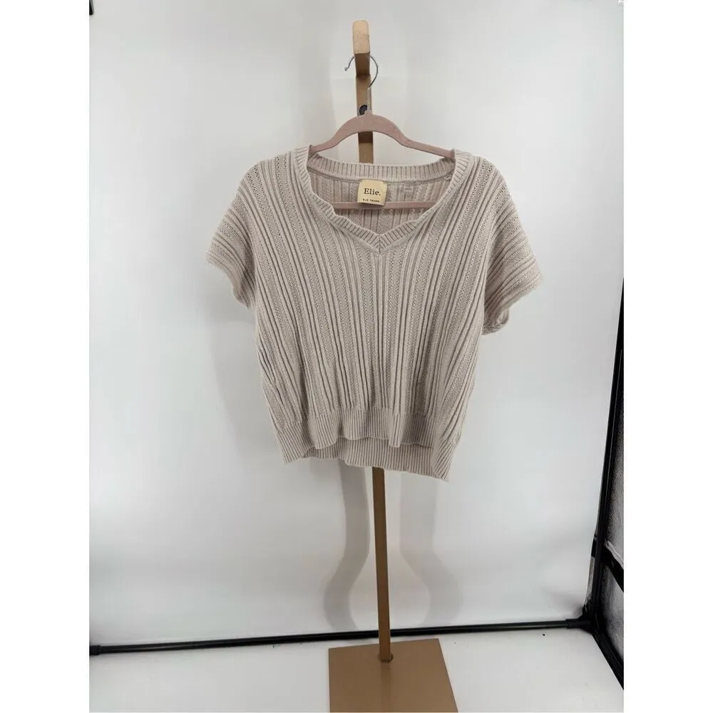 Elie Tahari Women’s Short Sleeve V Neck Beige Grey Sweater Size Large - Image 3