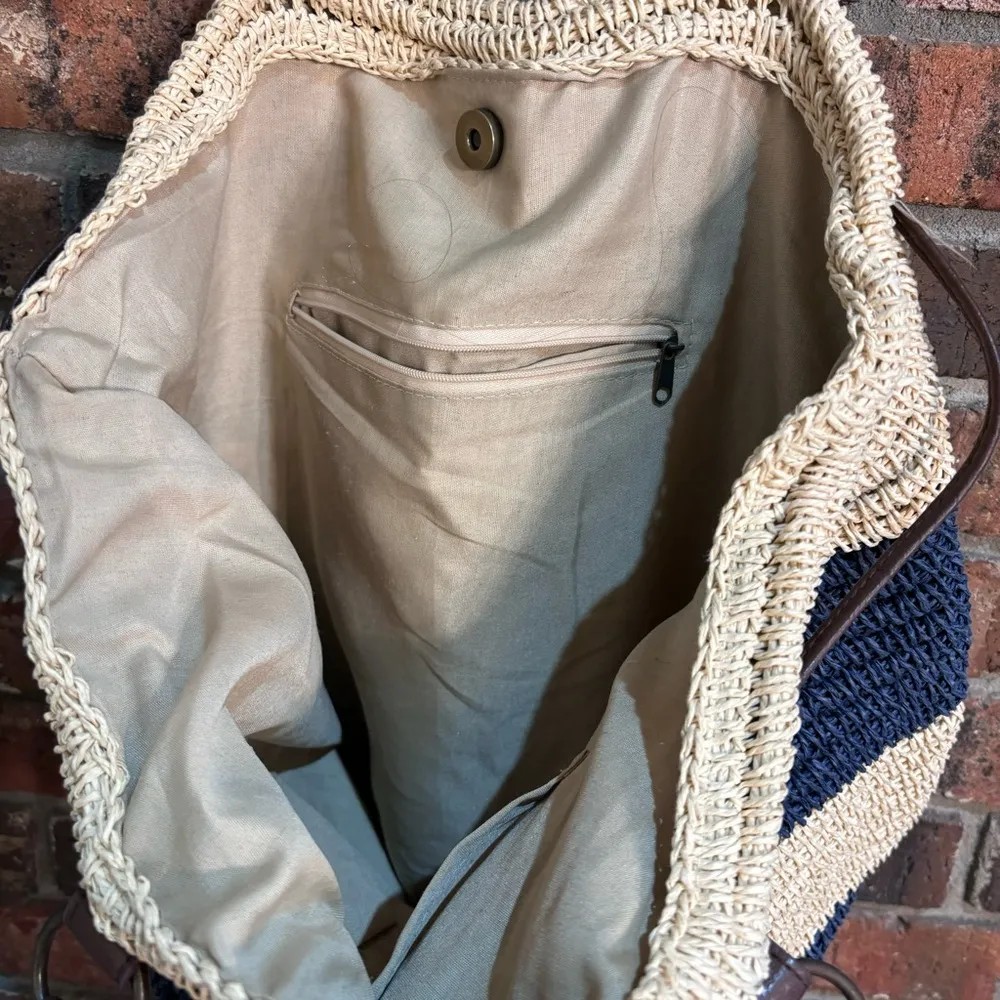 Womens straw striped shoulder beach vacation tote bag blue/cream Blue - Image 4