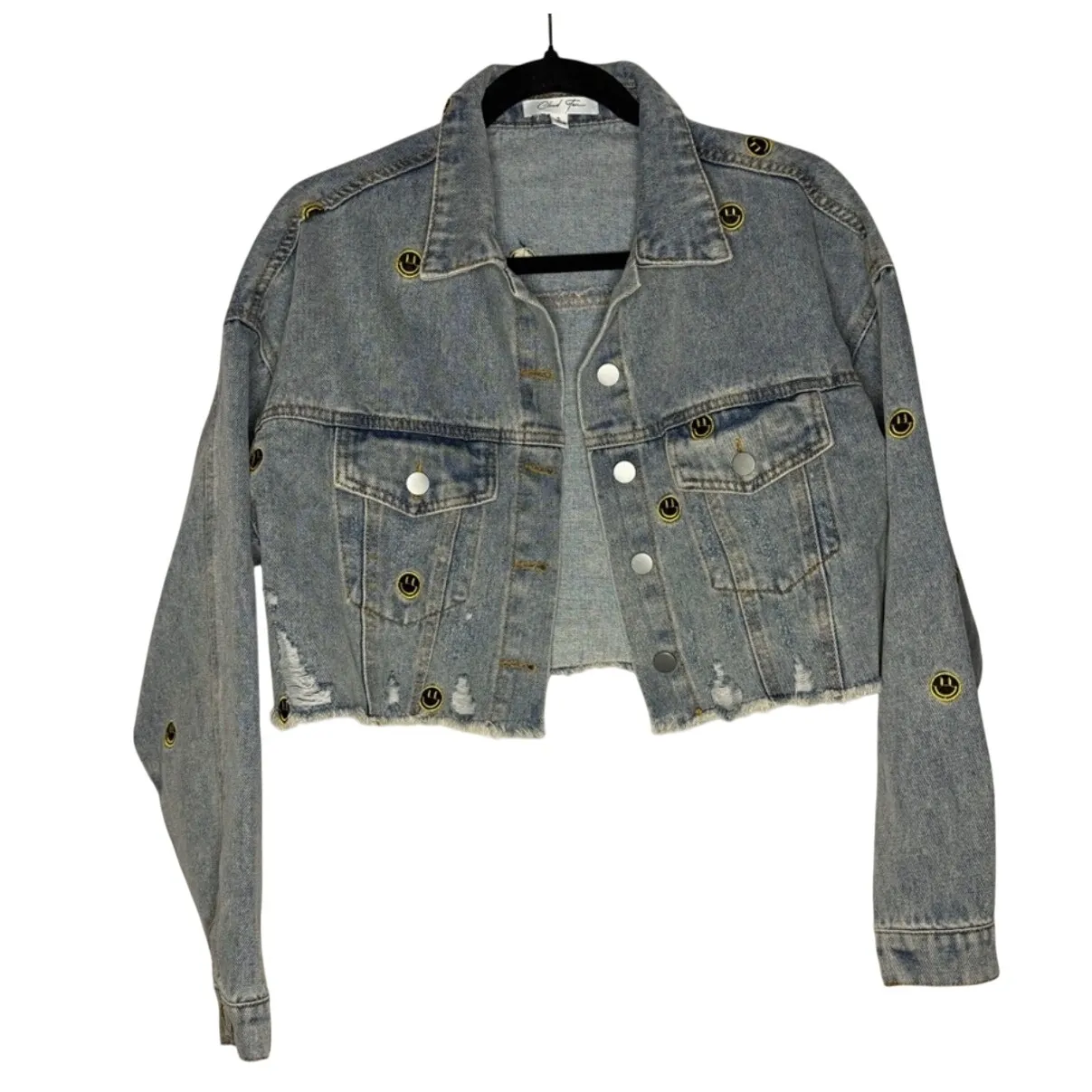 Cloud Ten Women's Size M Smiley Face Patch Cropped Denim Jean Jacket Grunge - Image 2