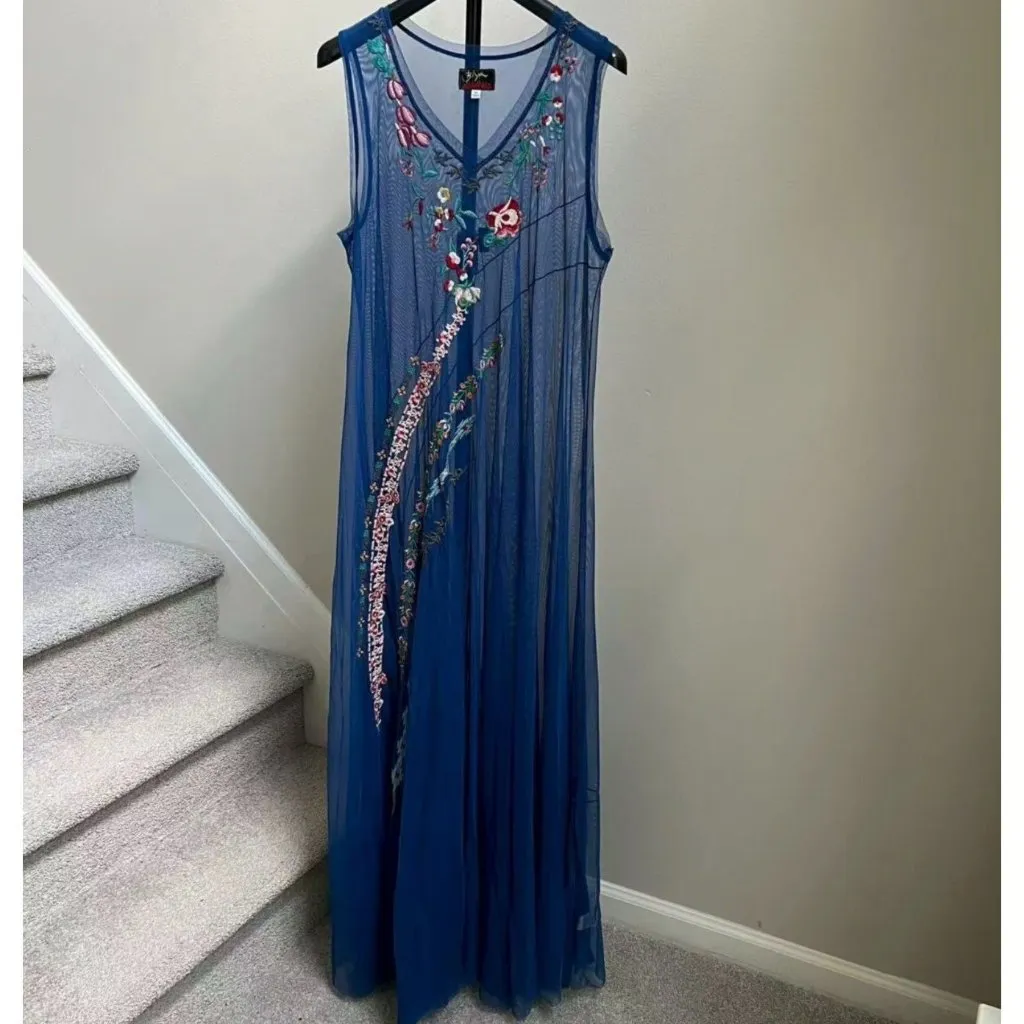 NWOT Johnny Was Biya Mazzy Bias Embroidered Floral Blue Mesh Maxi Dress Sz M - Image 3