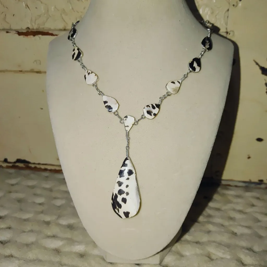 Dalmatian Mother of Pearl Necklace Wire Wrapped Teardrop Pendant 24 Inch Silver - Image 8