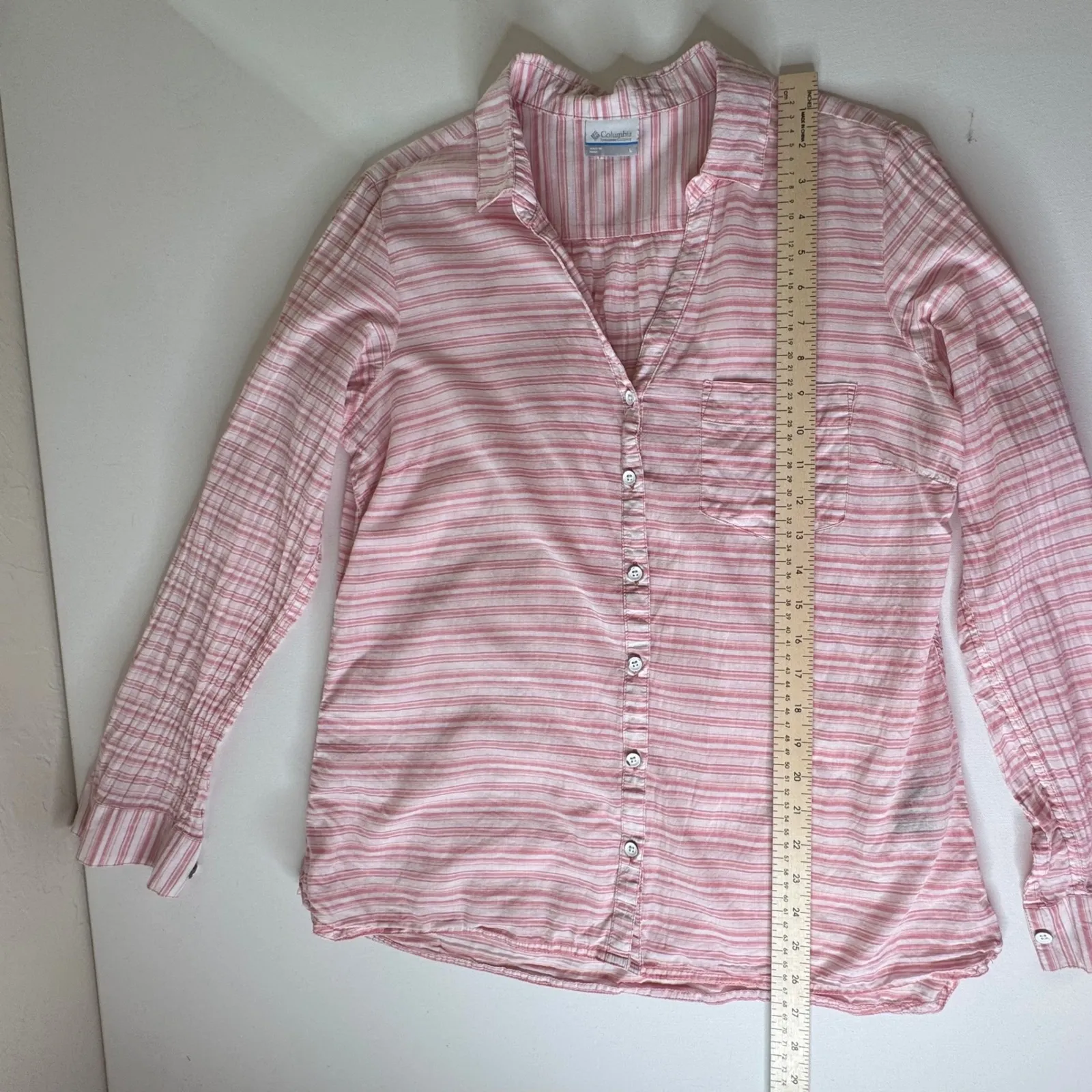 Columbia Pink Striped Shirt Large Roll Tab Lightweight Outdoors Coastal Hiking - Image 7