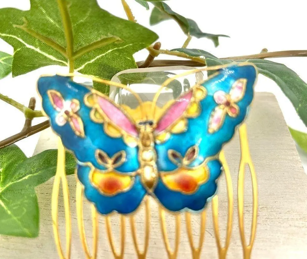 Vintage Enamel Butterfly Floral Hair Comb Gold Blue - Image 2