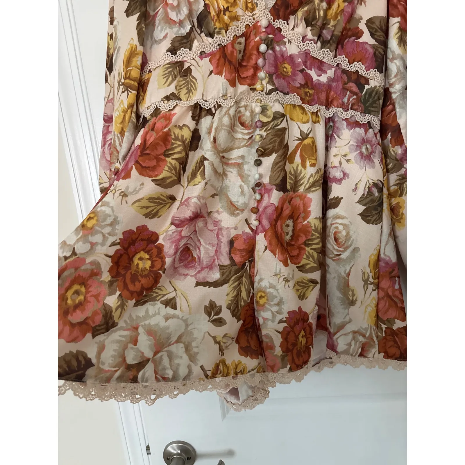 Luxxel Floral Long Sleeve Romper Lace Trim Boho Medium - Image 3