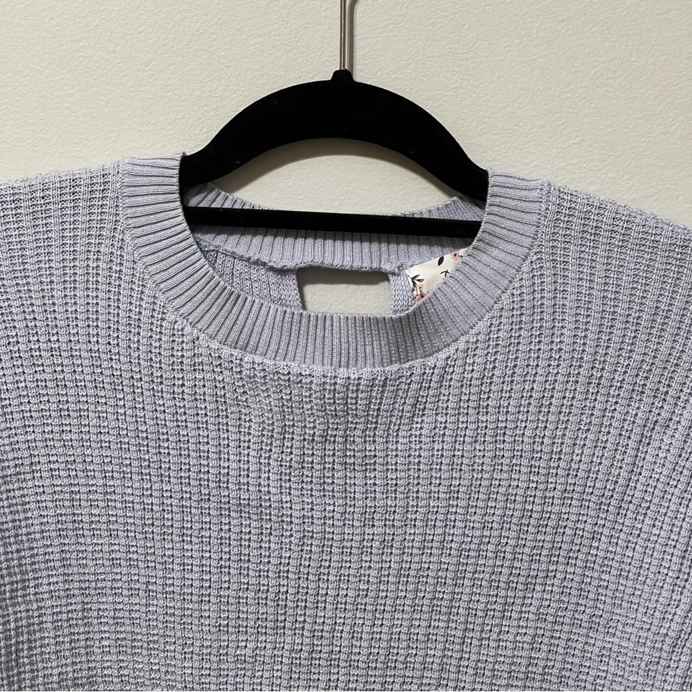 Pink Rose Knit Crewneck Sweater Periwinkle Blue Keyhole Cutout Back XS - Image 5