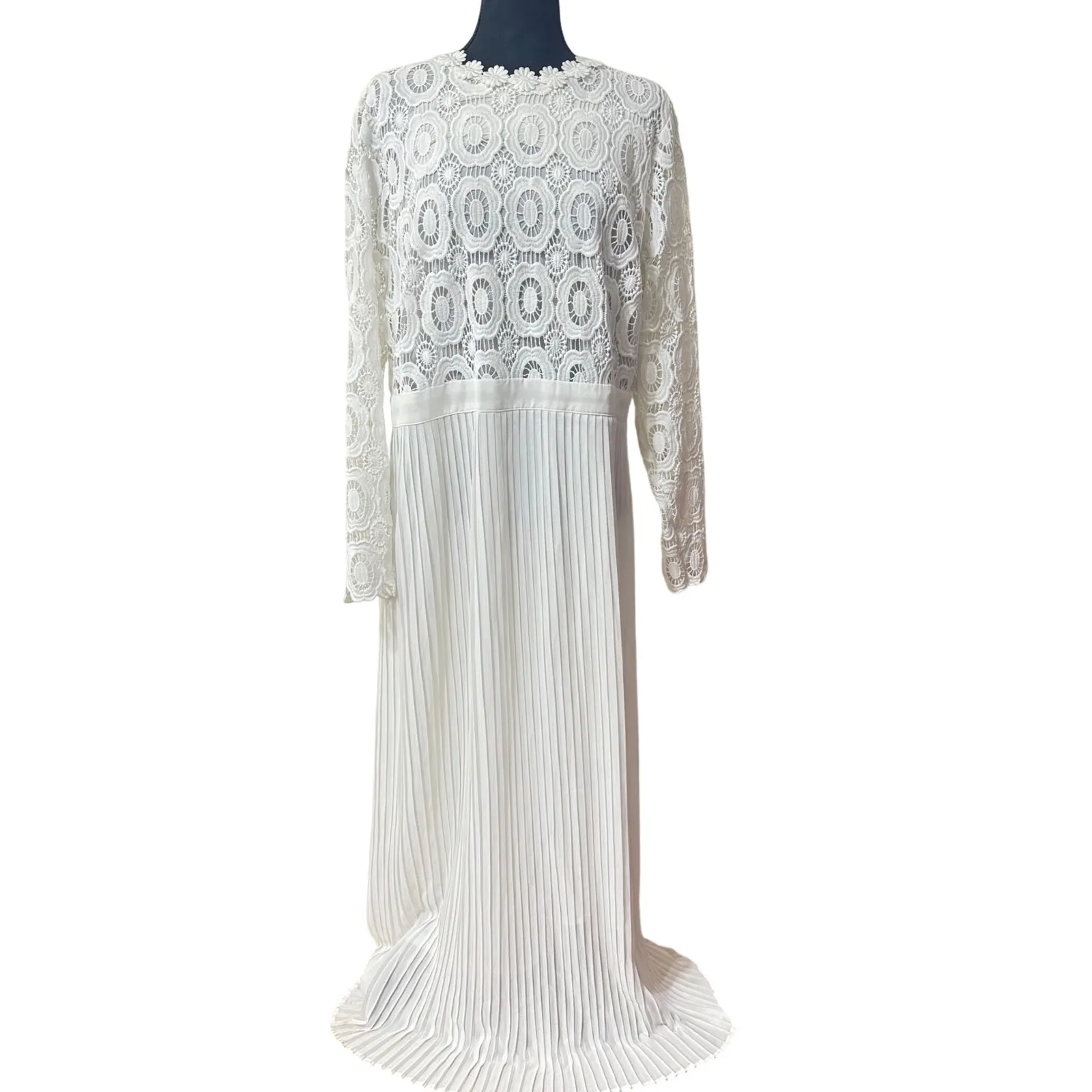 ELOQUII White Lace Pleated Midi Dress Long Sleeve Elegant Special Occasion Sz 18 - Image 3
