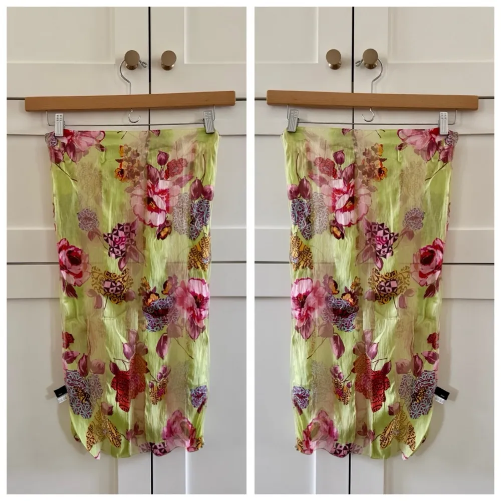 90s Vintage Marcrozier Paris Floral Print Silk Oblong Scarf Wrap, Green & Pink - Image 4