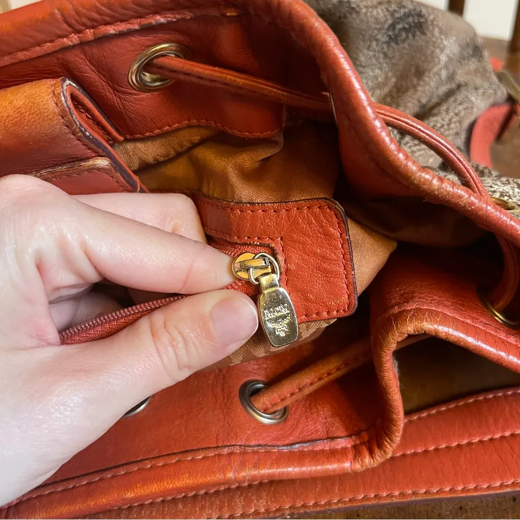 MCM Visetos Jacquard Bucket Bag Drawstring Crossbody Shoulder Brown Orange - Image 9