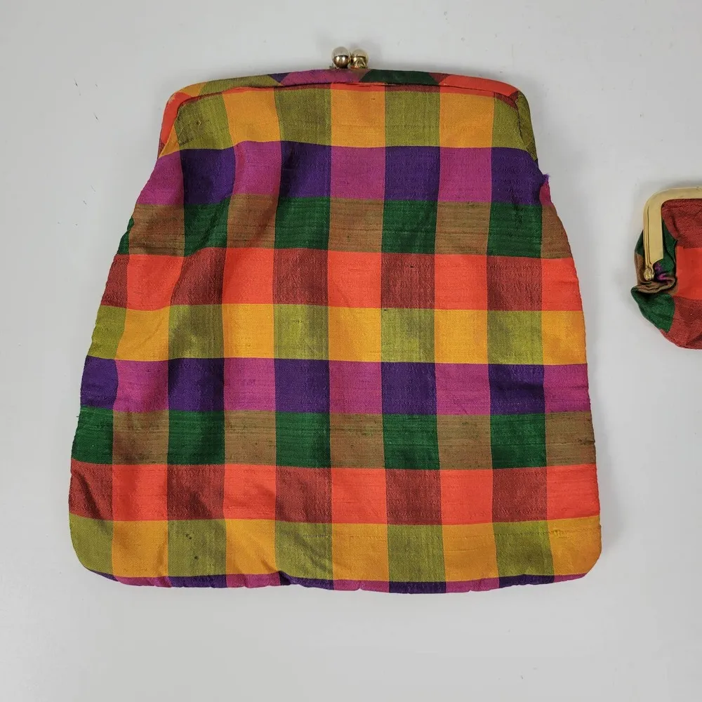 Vtg Handwoven Andrade Resort Shop Clutch & Coin Purse Plaid Kiss Lock Thai Silk - Image 9