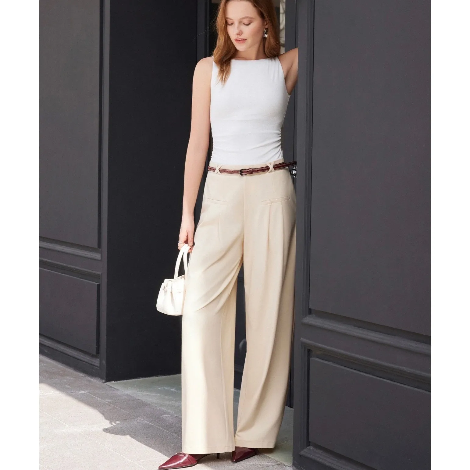 OGL Drapey Bamboo Ponte High Rise Wide Leg Trouser Pants Beige Small Petite New Tan Size undefined - Image 2
