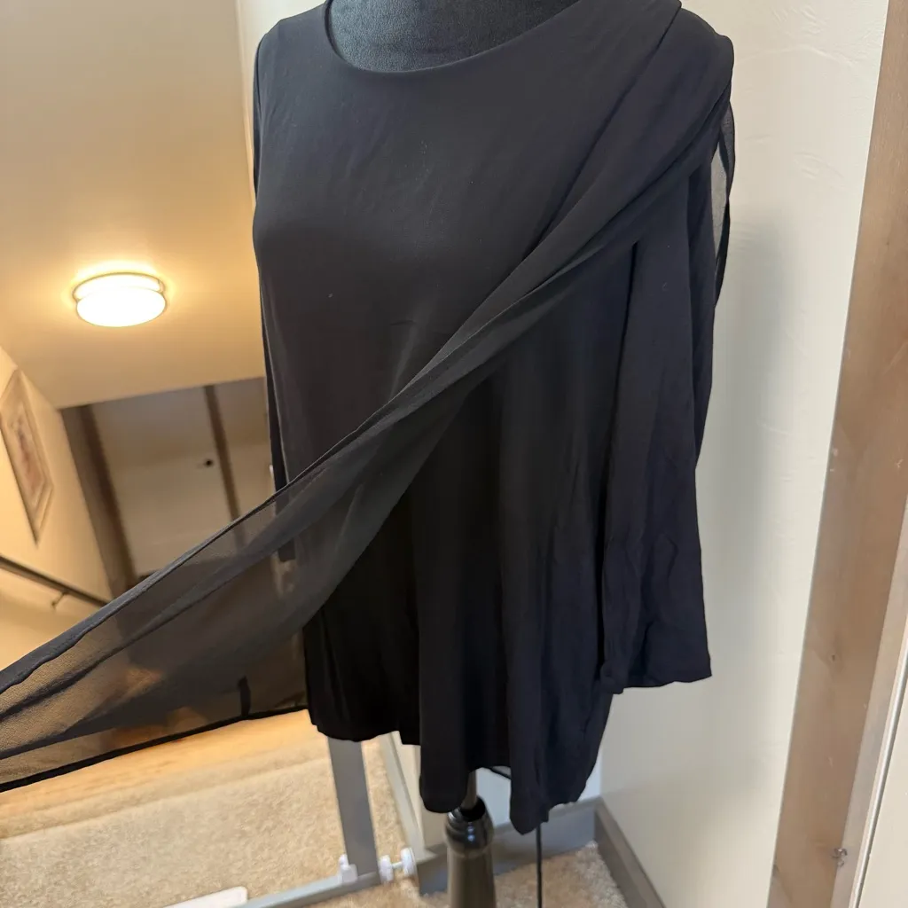 NWOT H by Halston Asymmetrical‎ Black 3/4 Sleeve Blouse Top Drape Flowy Stretchy - Image 3