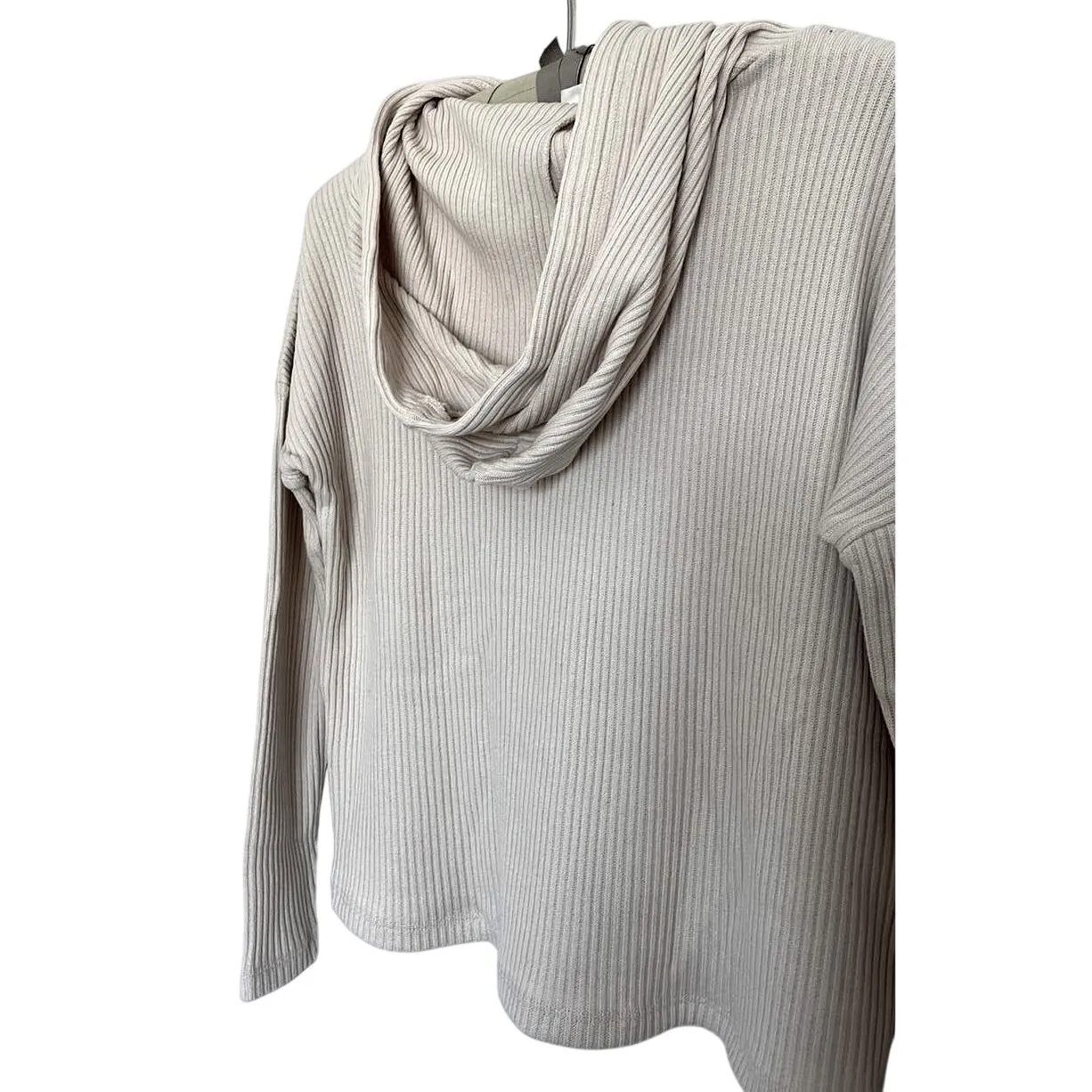 Lett Bari Ecru Ribbed Long Sleeve Drawstring Hoodie XS - Image 5